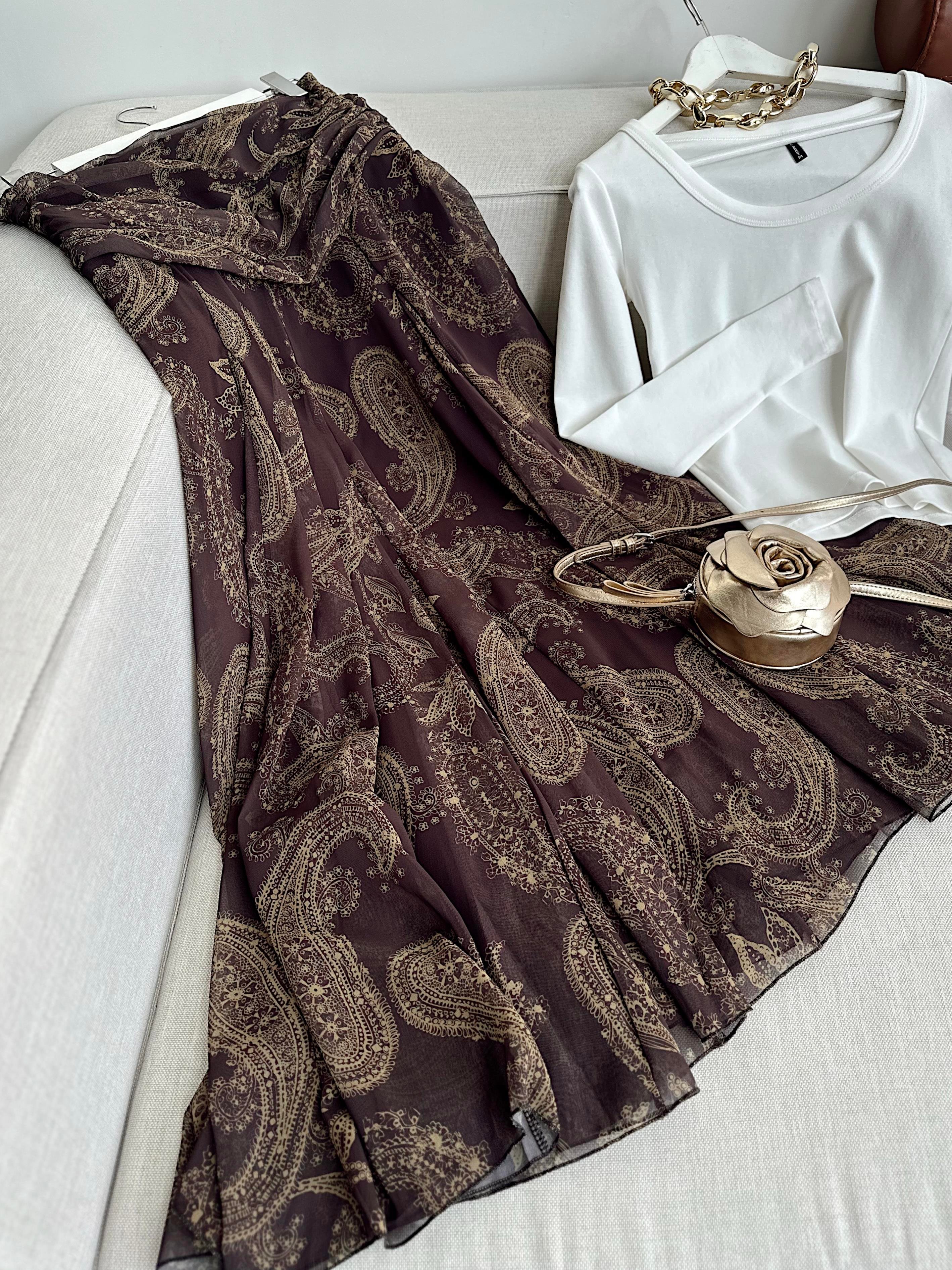 Bel Drape Şal Desen Şifon Etek Kahverengi