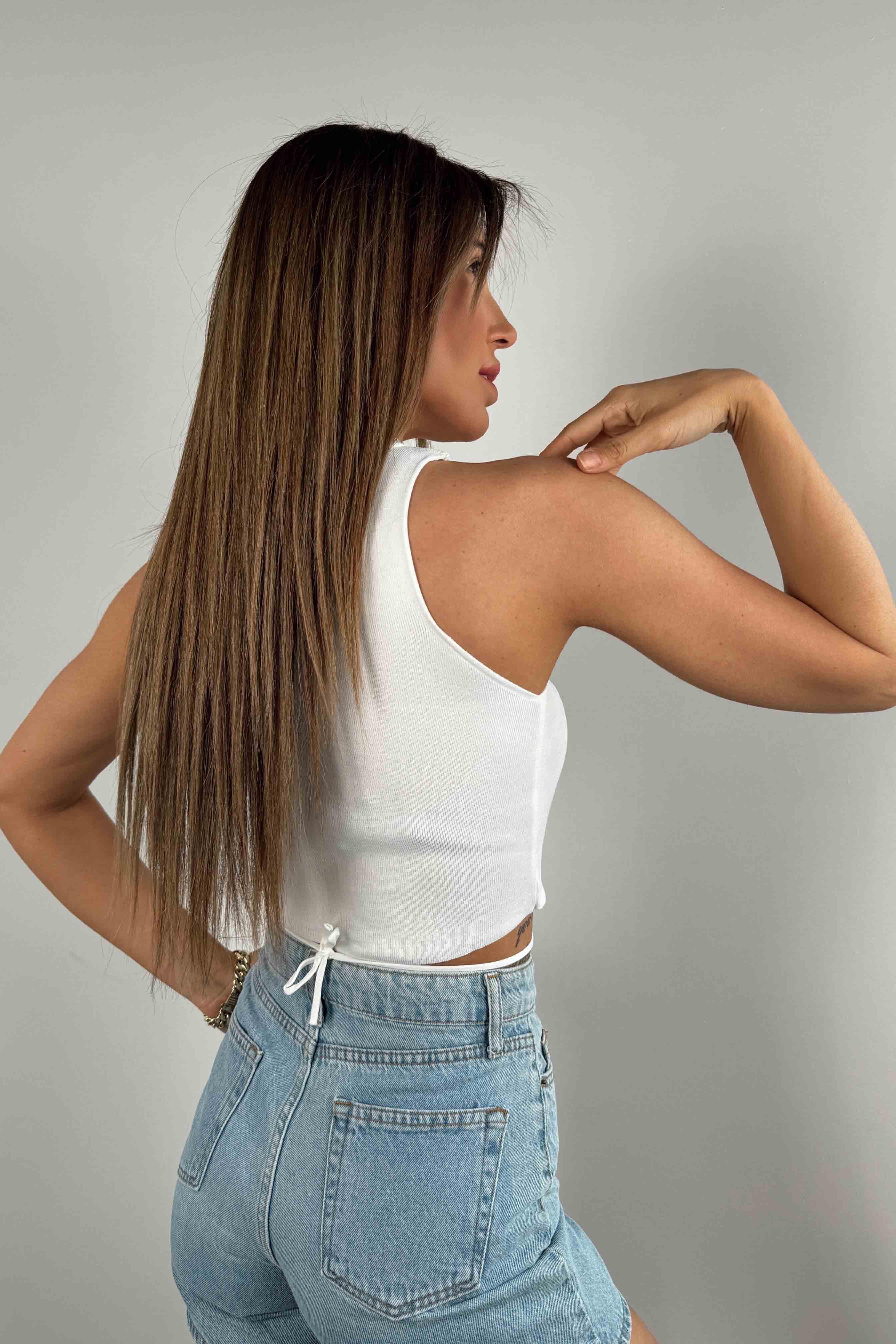 Belden Bağlamalı Crop Bluz Beyaz