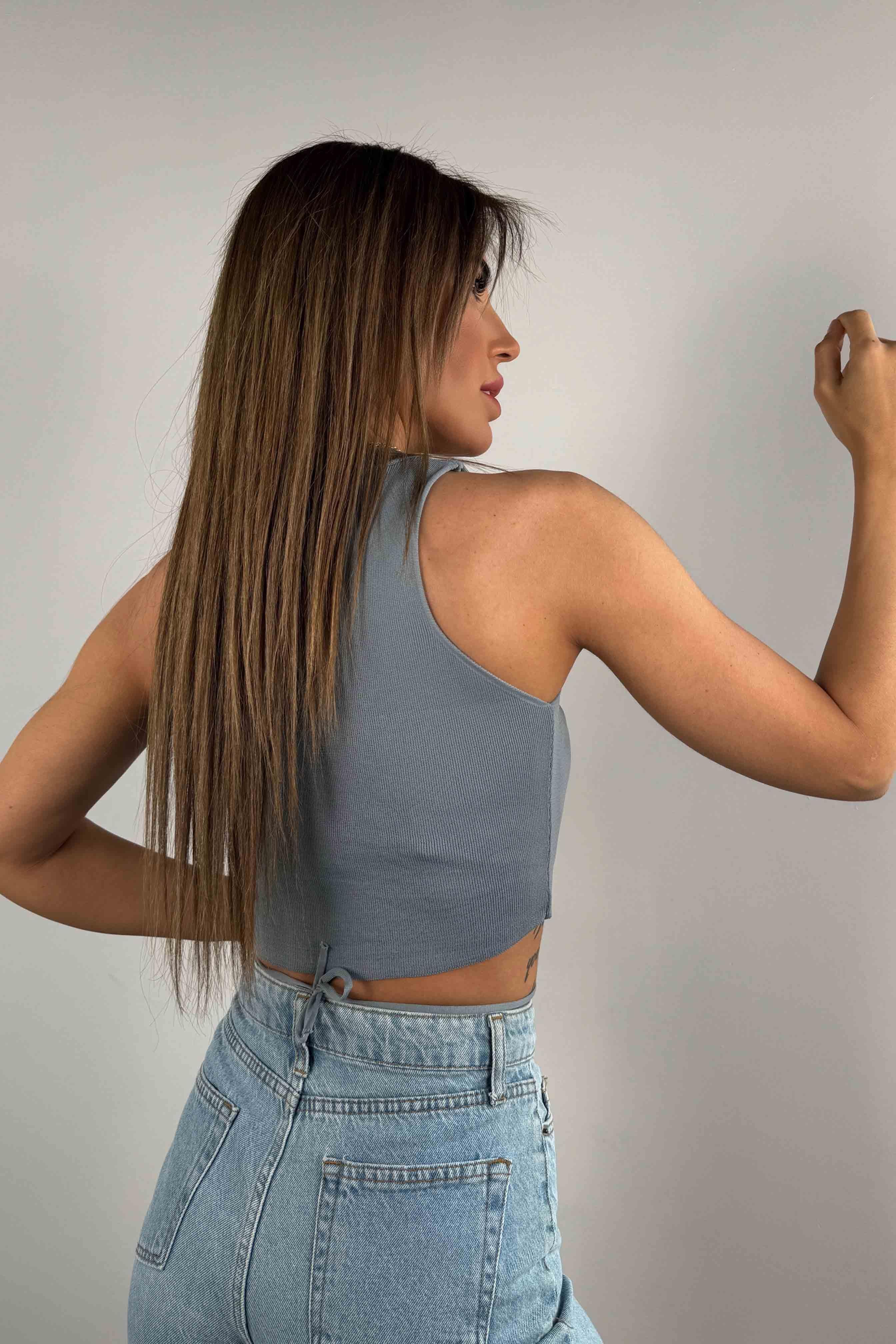 Belden Bağlamalı Crop Bluz Gri