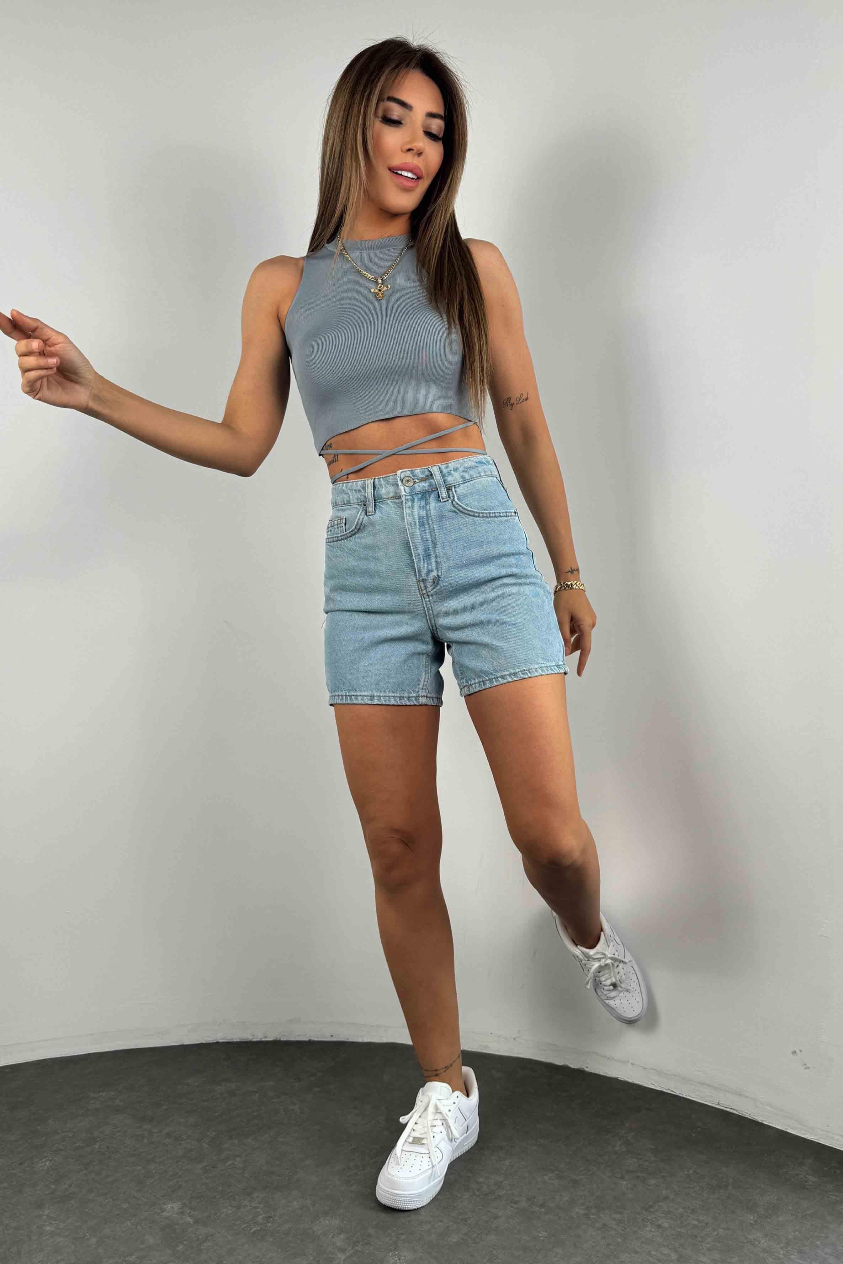 Belden Bağlamalı Crop Bluz Gri