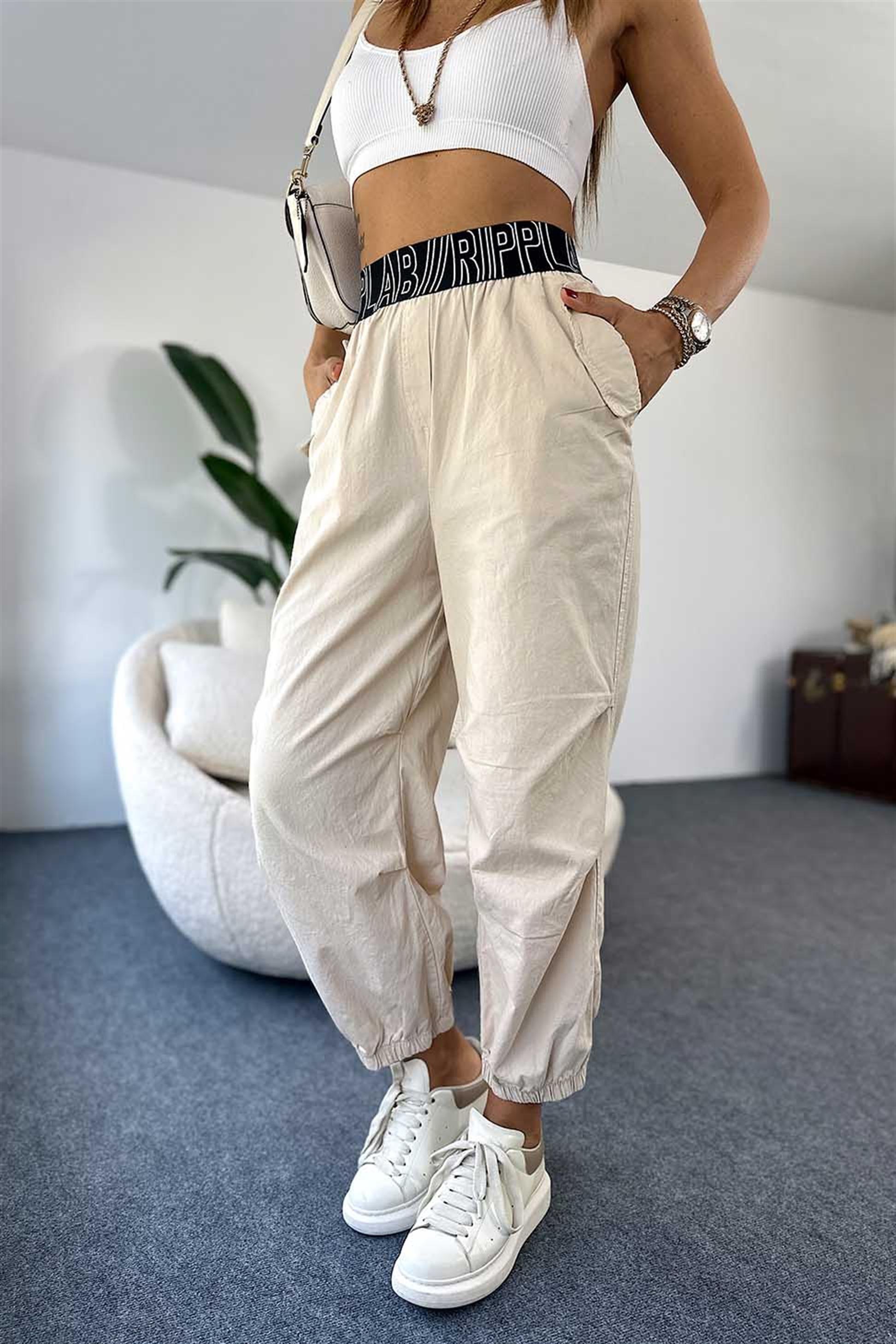 Beli Kalın Lastikli Kadın Jogger Pantalon Taş