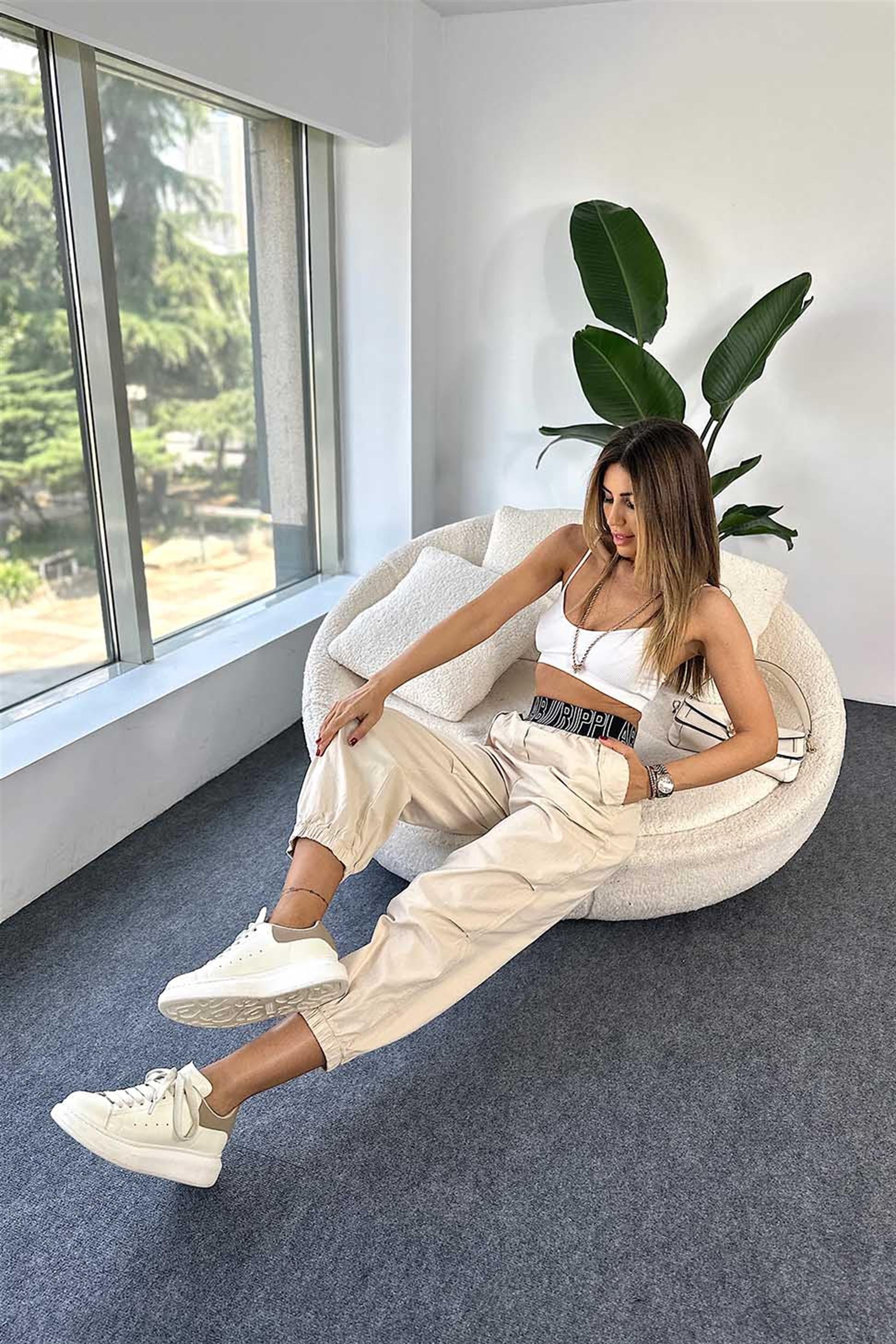 Beli Kalın Lastikli Kadın Jogger Pantalon Taş