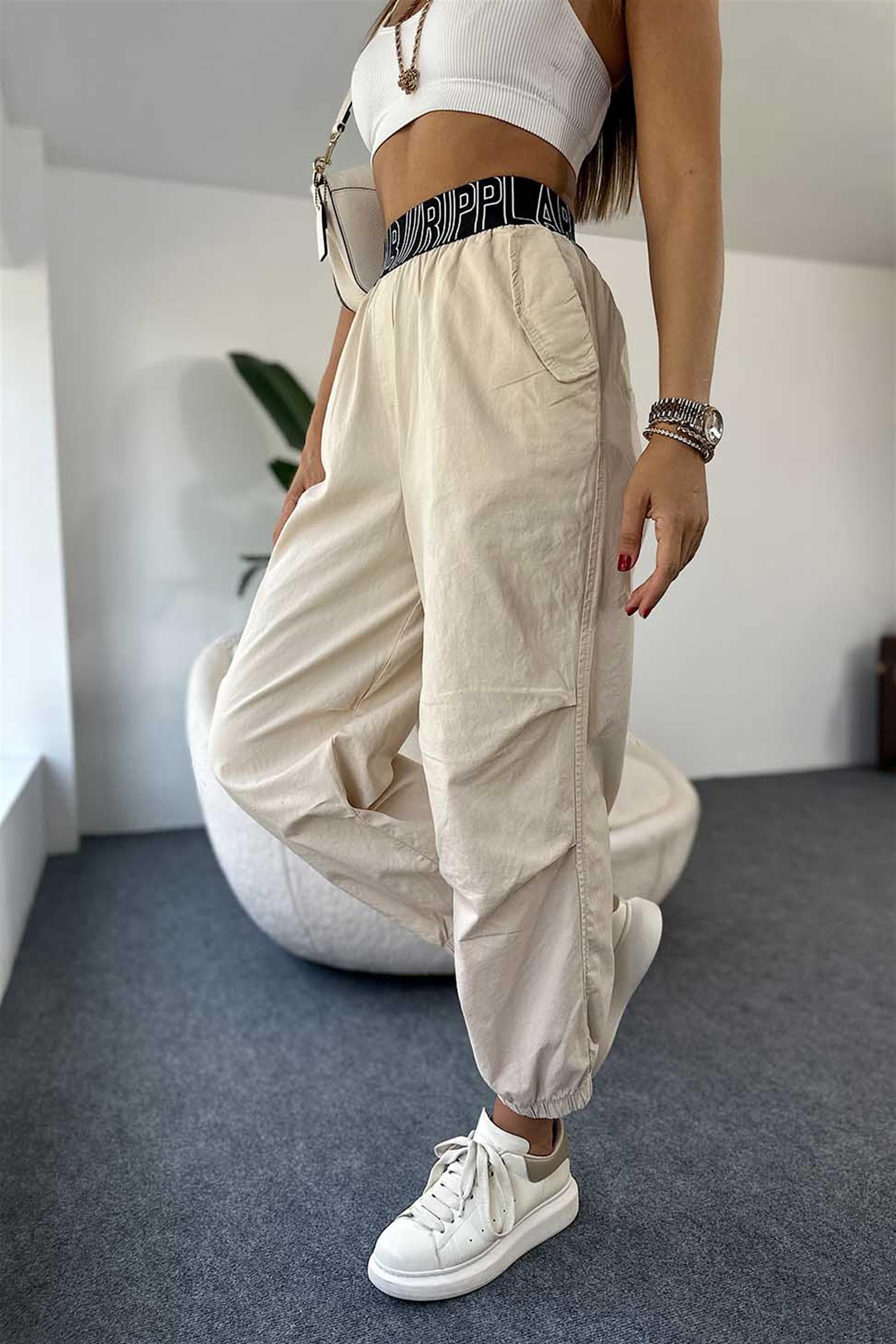 Beli Kalın Lastikli Kadın Jogger Pantalon Taş