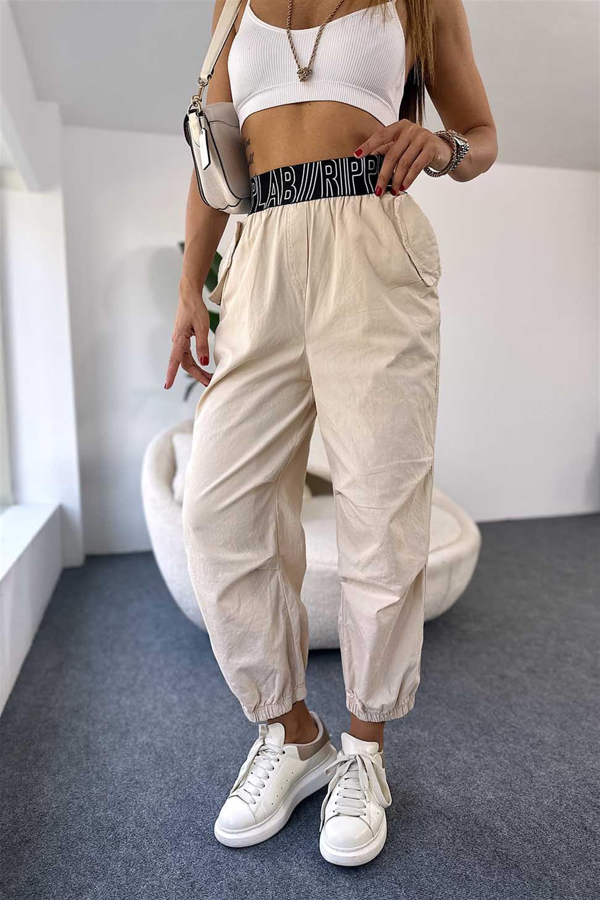 Beli Kalın Lastikli Kadın Jogger Pantalon Taş