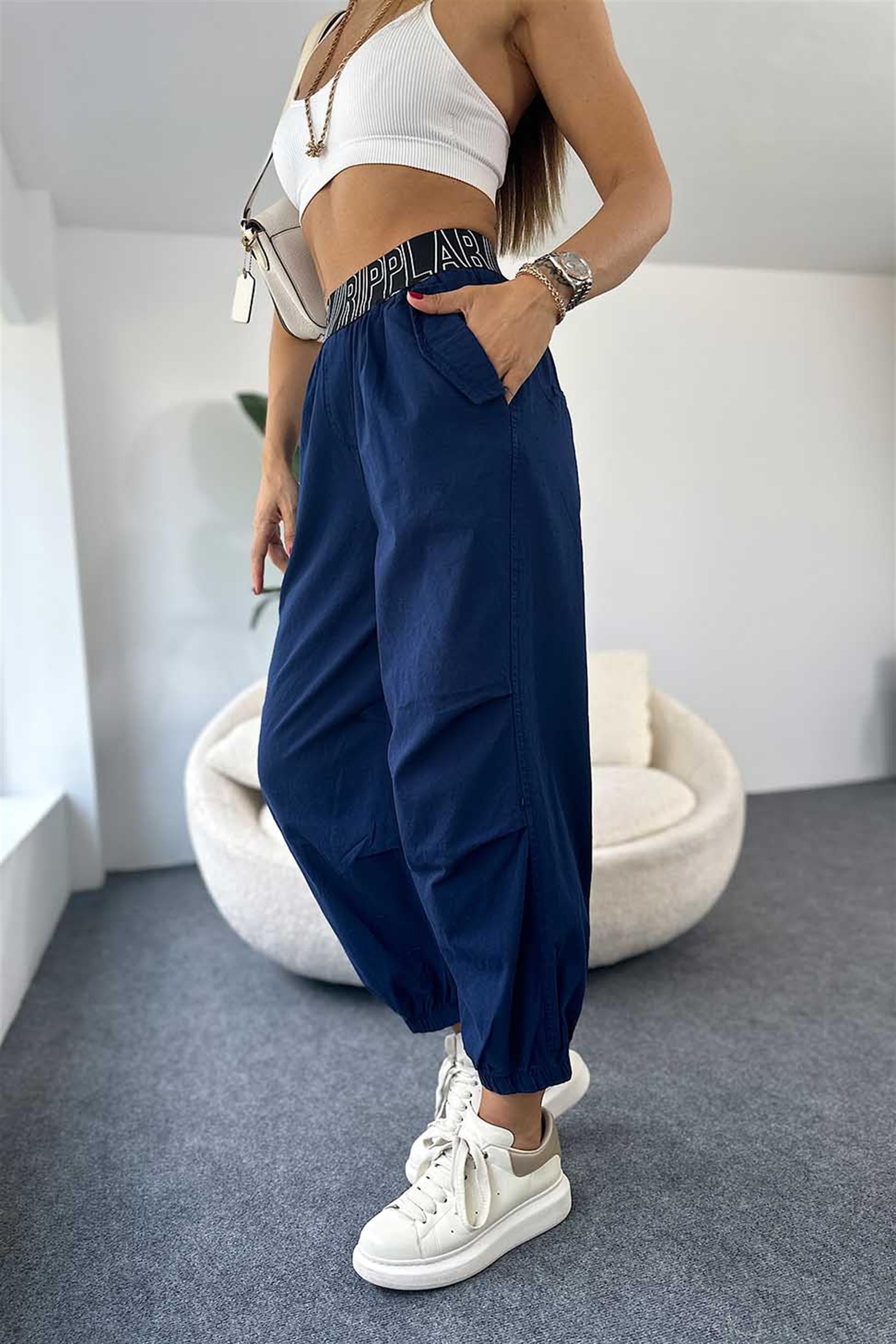 Beli Kalın Lastikli Kadın Jogger Pantalon Lacivert