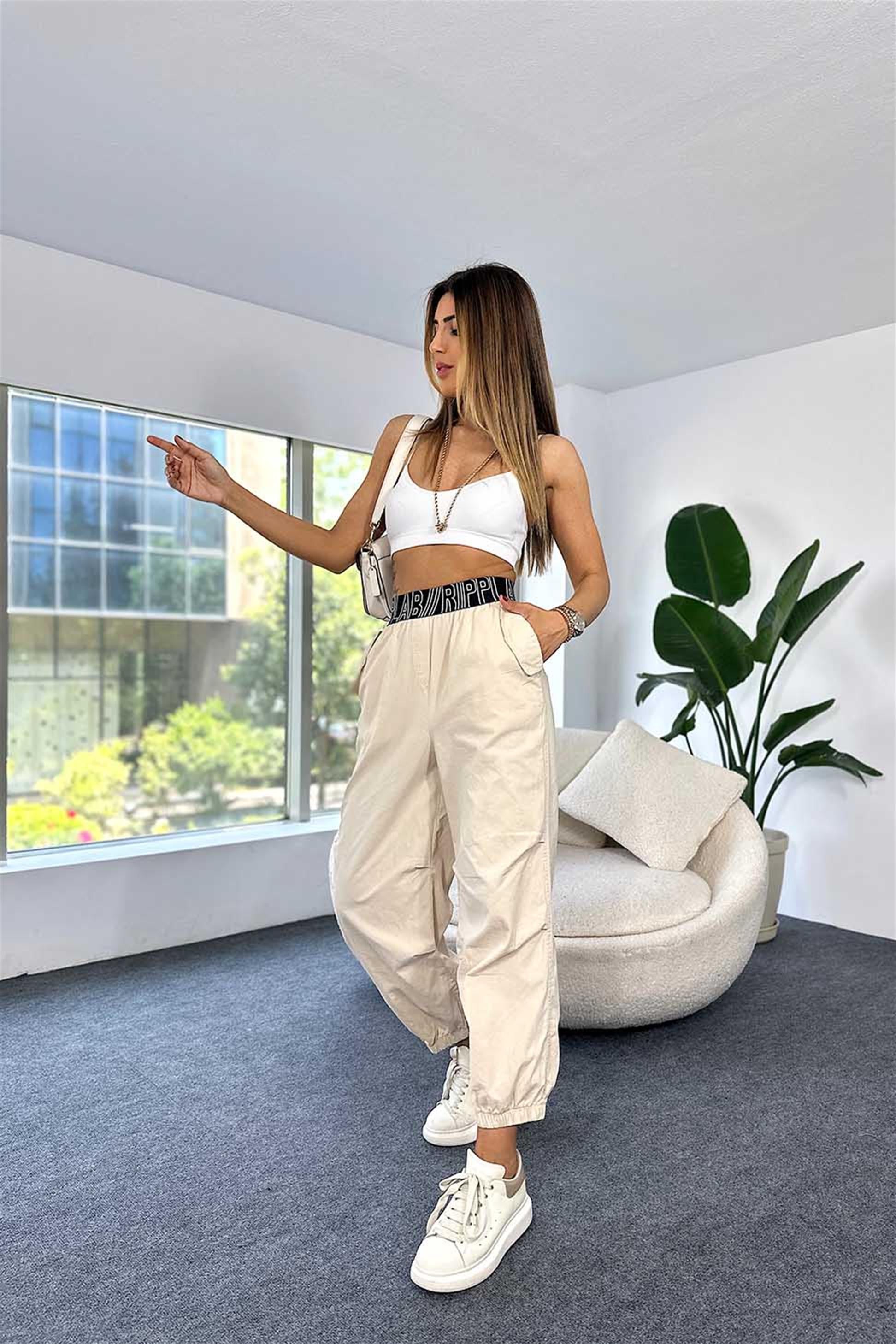 Beli Kalın Lastikli Kadın Jogger Pantalon Taş