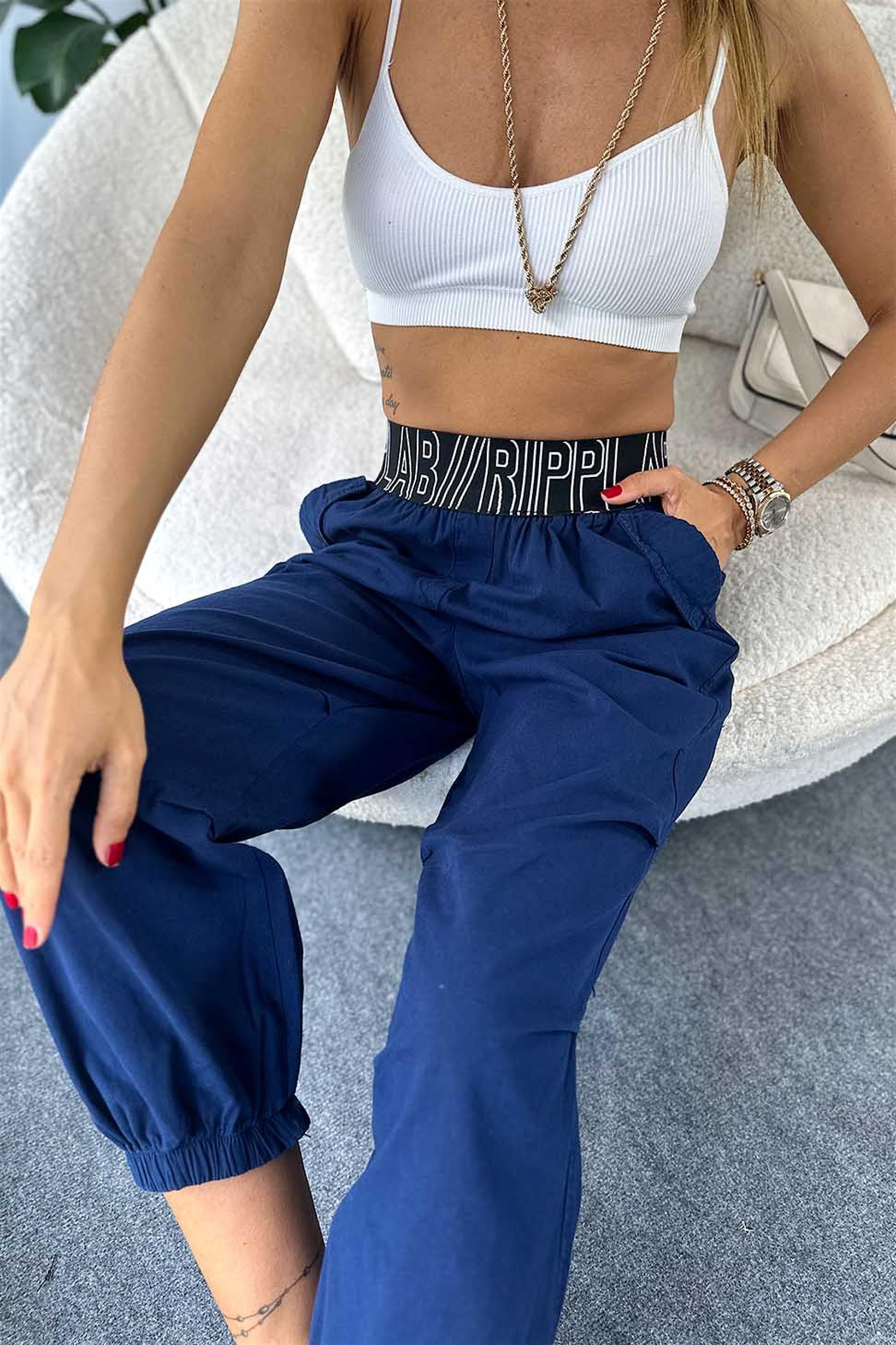 Beli Kalın Lastikli Kadın Jogger Pantalon Lacivert