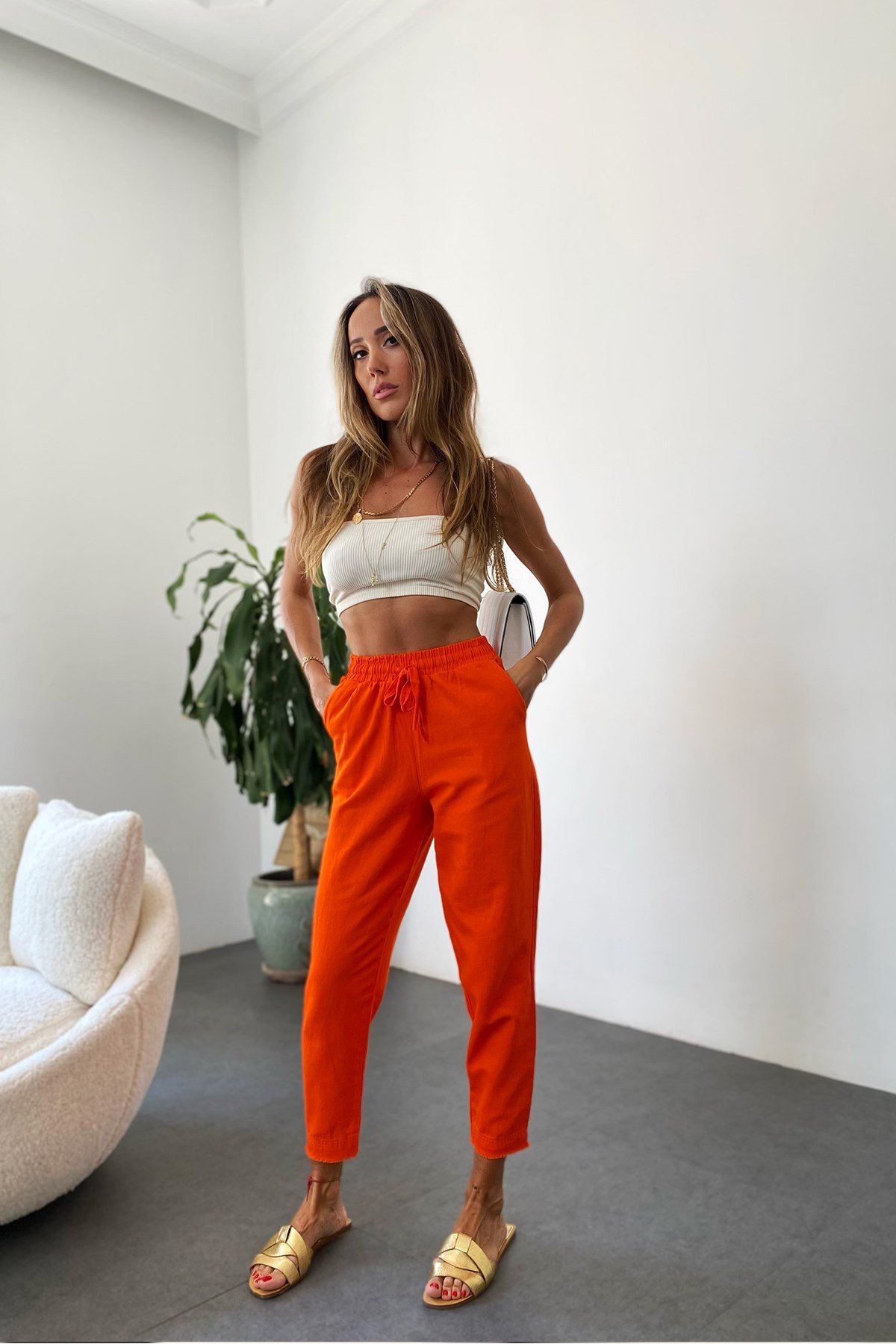 Beli Lastik Gabardin Pantolon Turuncu