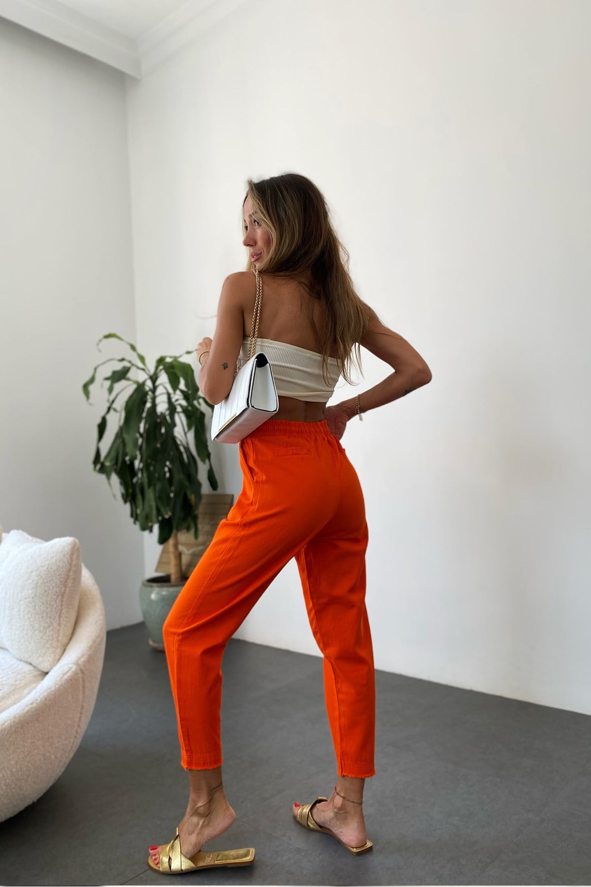 Beli Lastik Gabardin Pantolon Turuncu