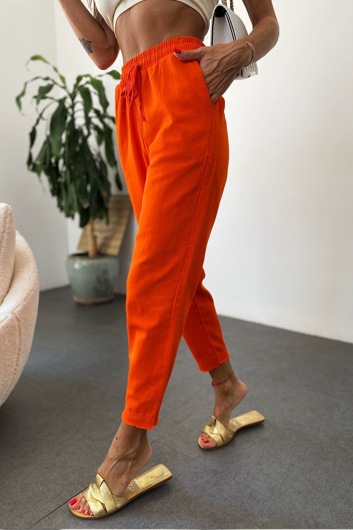 Beli Lastik Gabardin Pantolon Turuncu