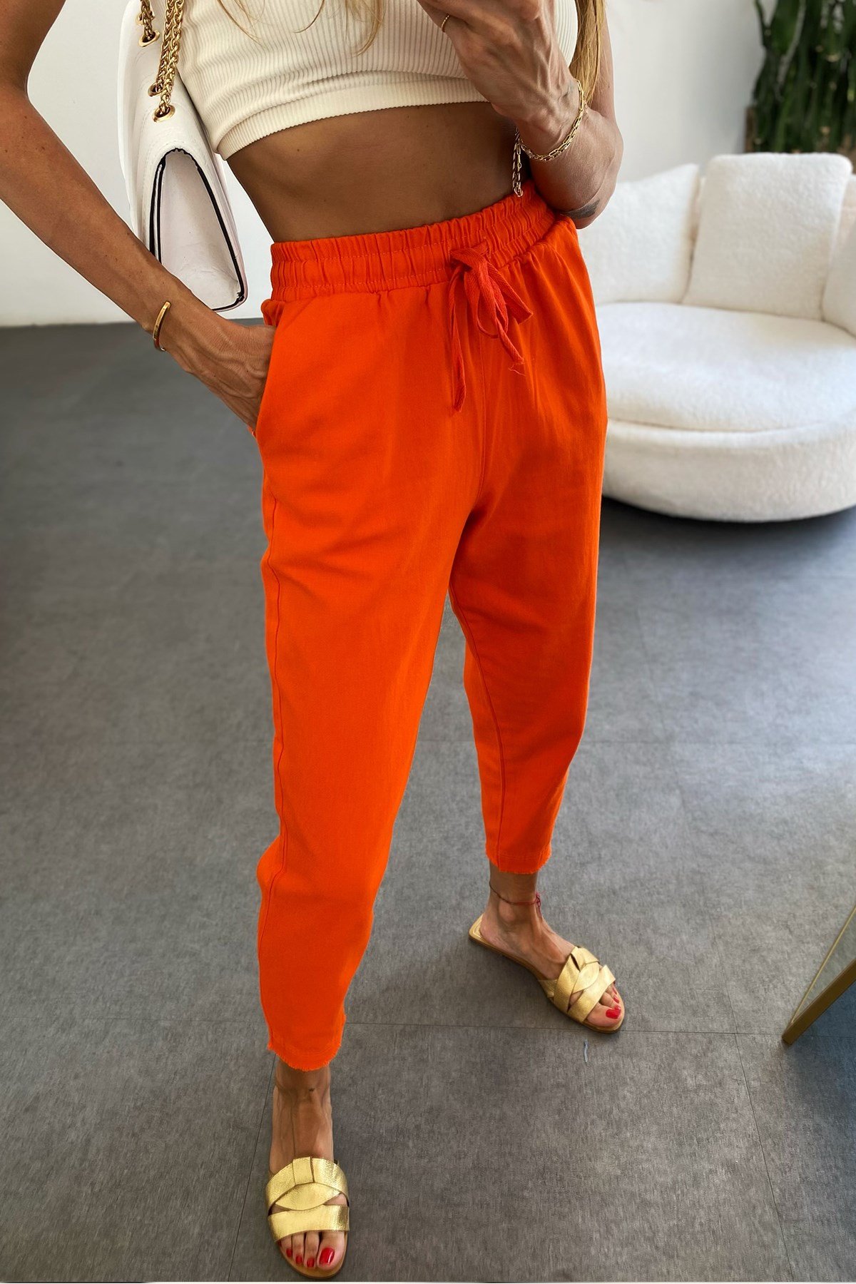 Beli Lastik Gabardin Pantolon Turuncu