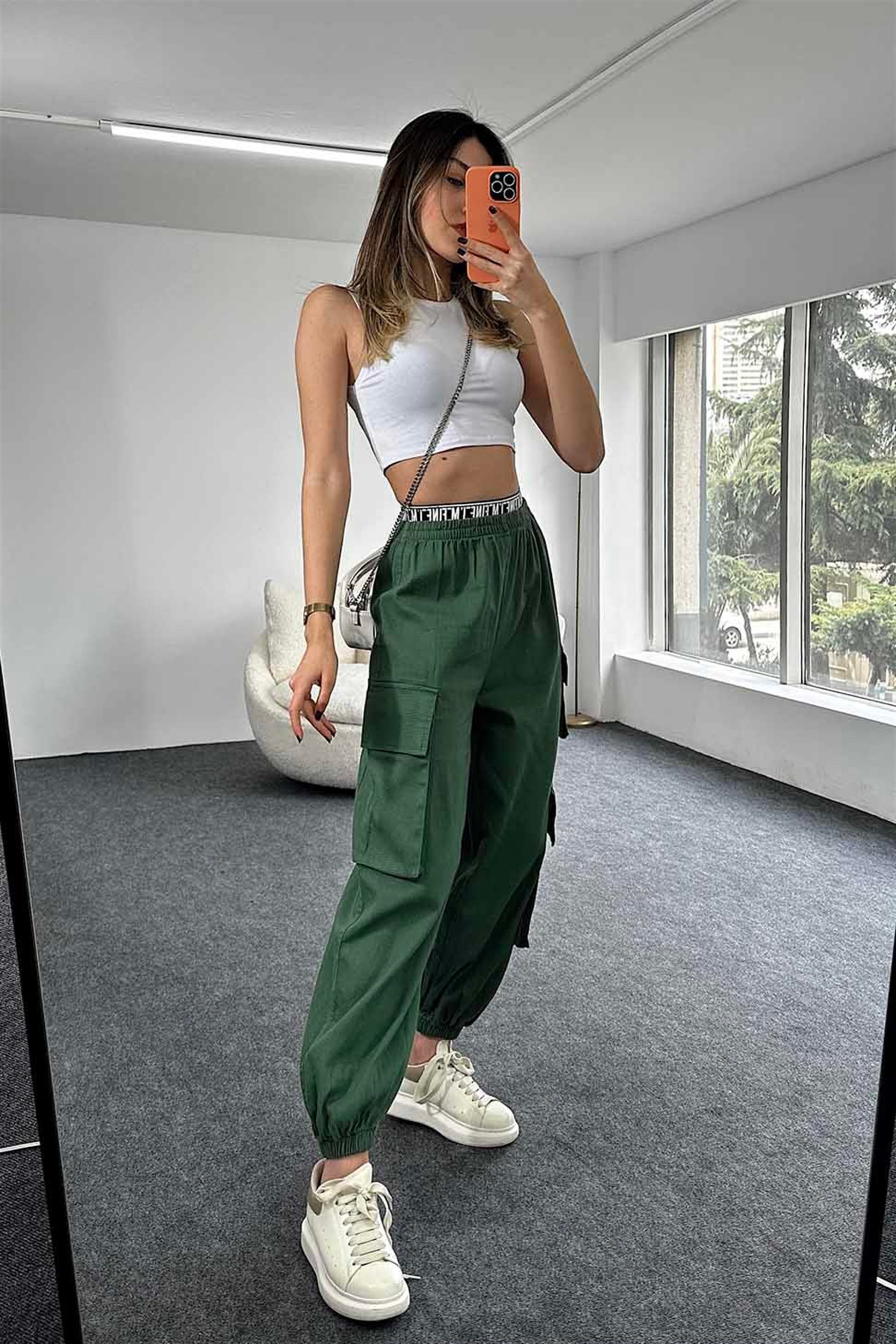 Beli Lastik Kemerli Kargo Cepli Jogger Pantolon Koyu Yeşil