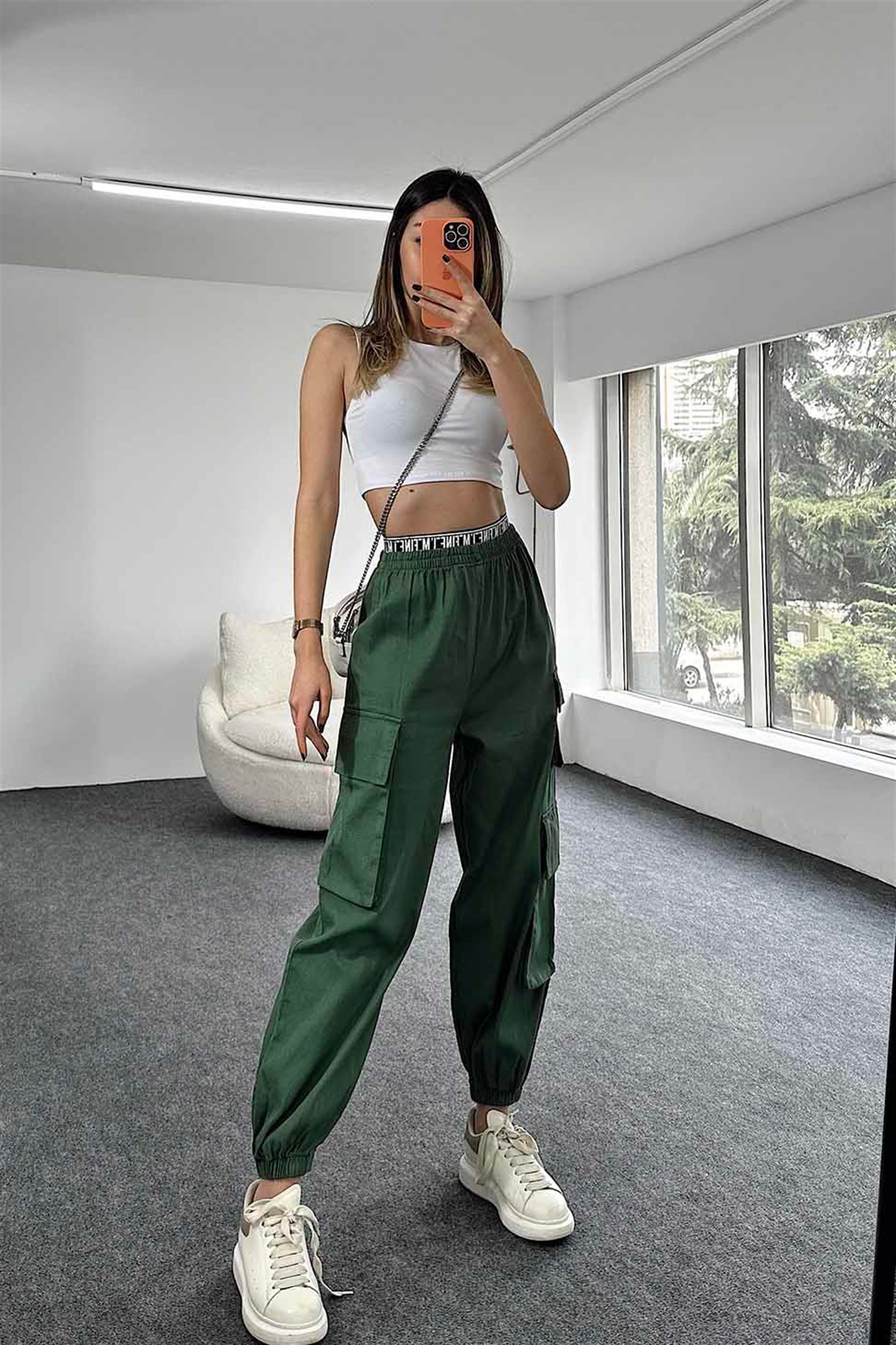 Beli Lastik Kemerli Kargo Cepli Jogger Pantolon Koyu Yeşil