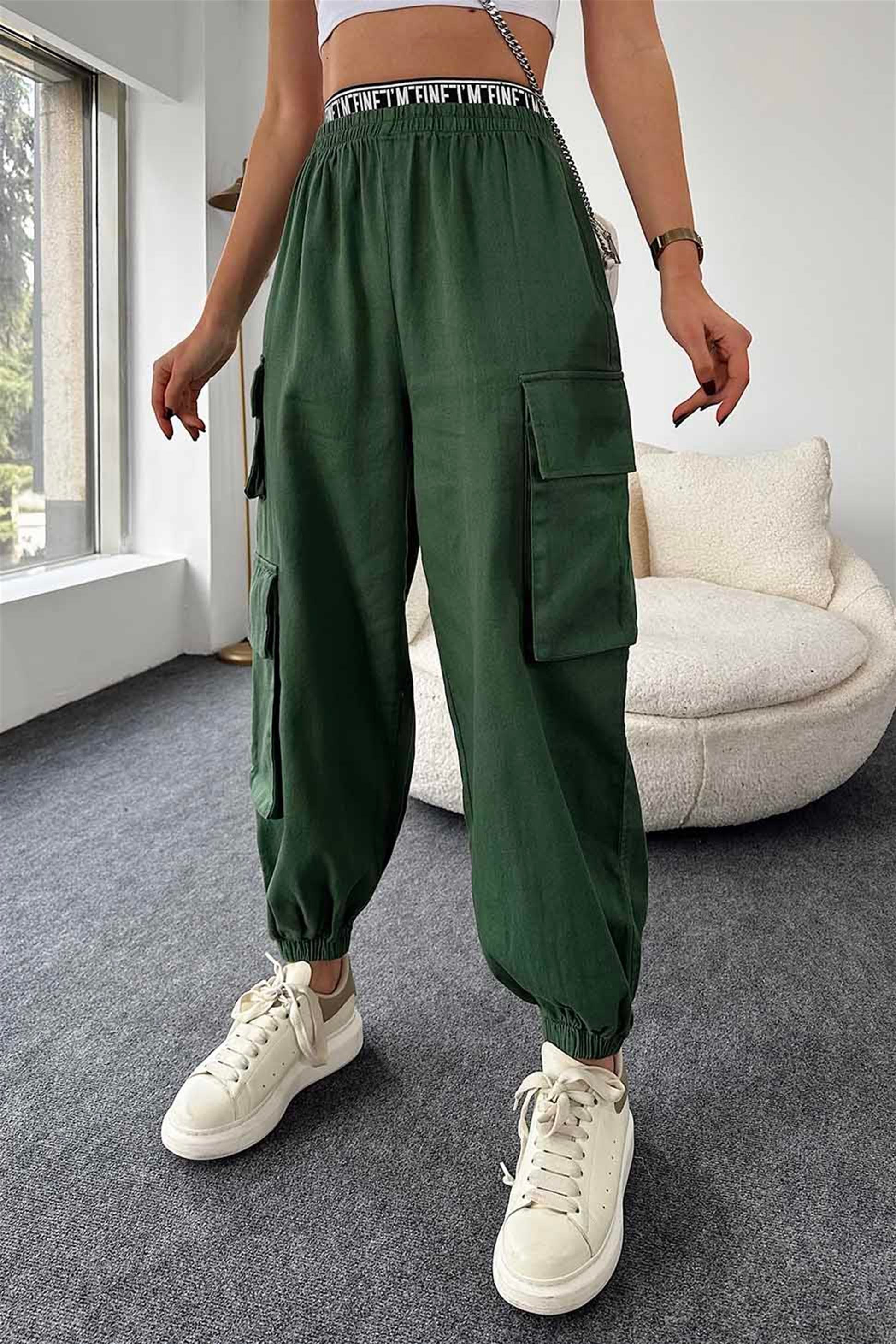 Beli Lastik Kemerli Kargo Cepli Jogger Pantolon Koyu Yeşil