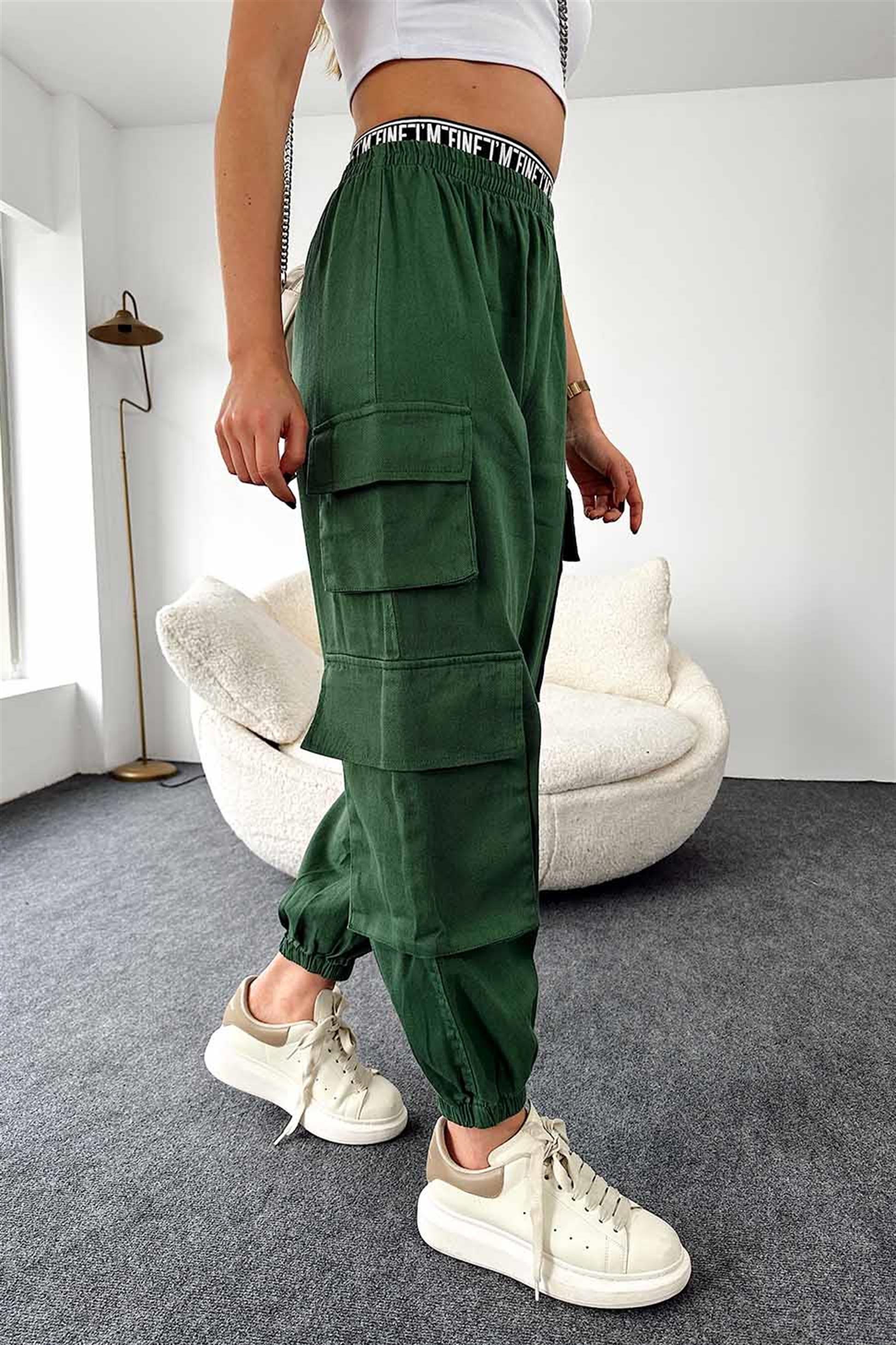 Beli Lastik Kemerli Kargo Cepli Jogger Pantolon Koyu Yeşil