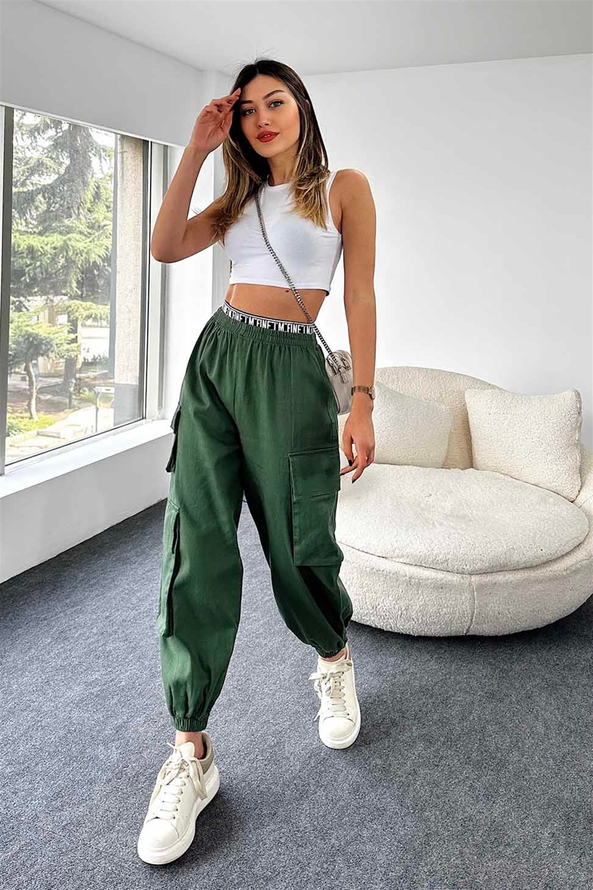 Beli Lastik Kemerli Kargo Cepli Jogger Pantolon Koyu Yeşil