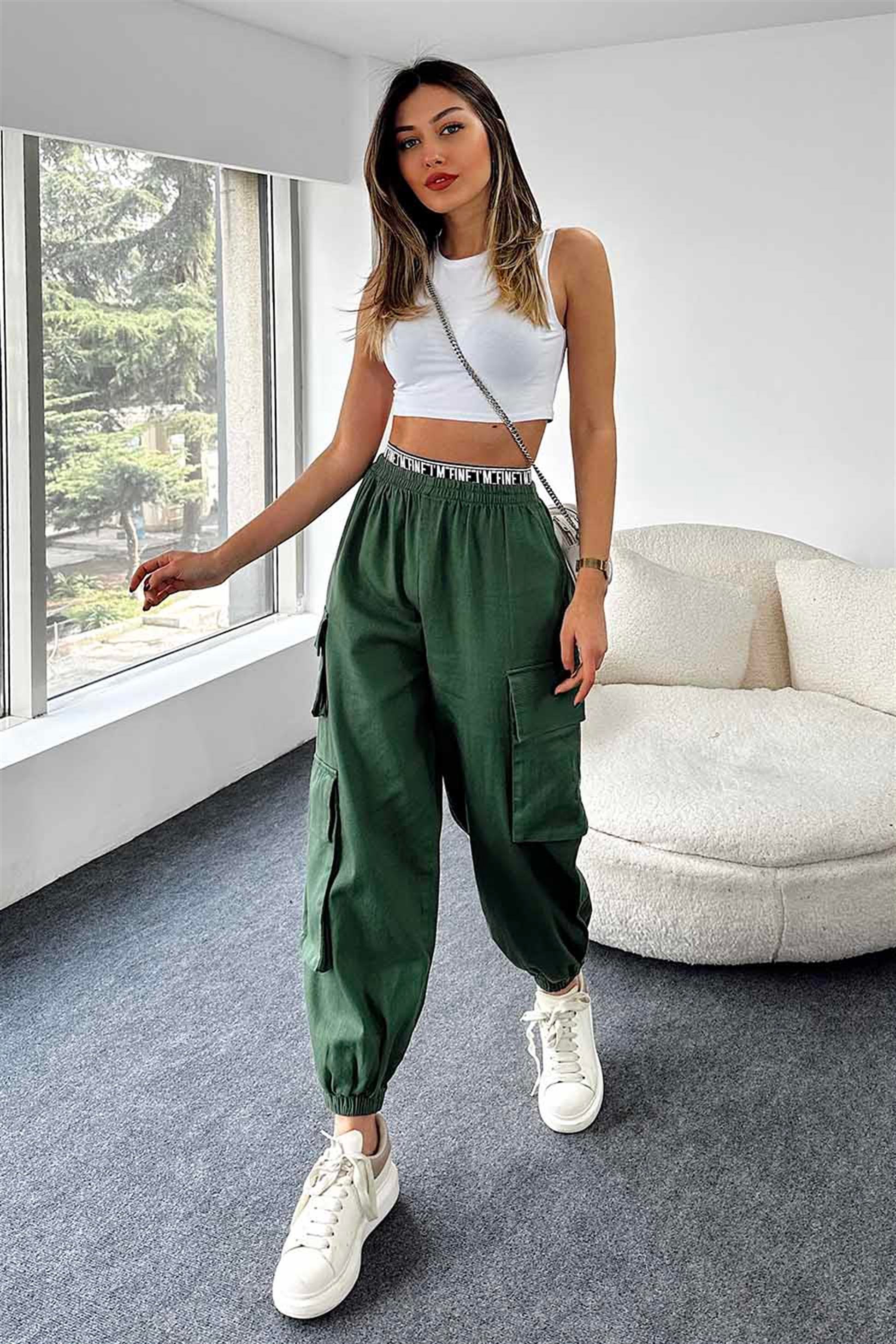 Beli Lastik Kemerli Kargo Cepli Jogger Pantolon Koyu Yeşil
