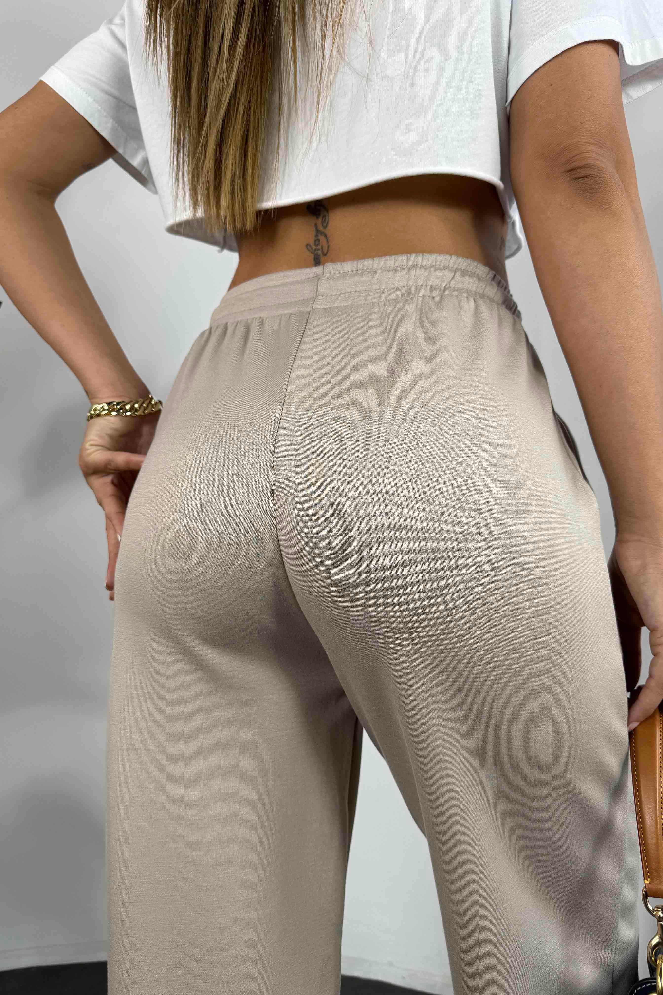 Beli Lastik ve İp Bağlamalı Çimalı Kadın Pantolon Vizon