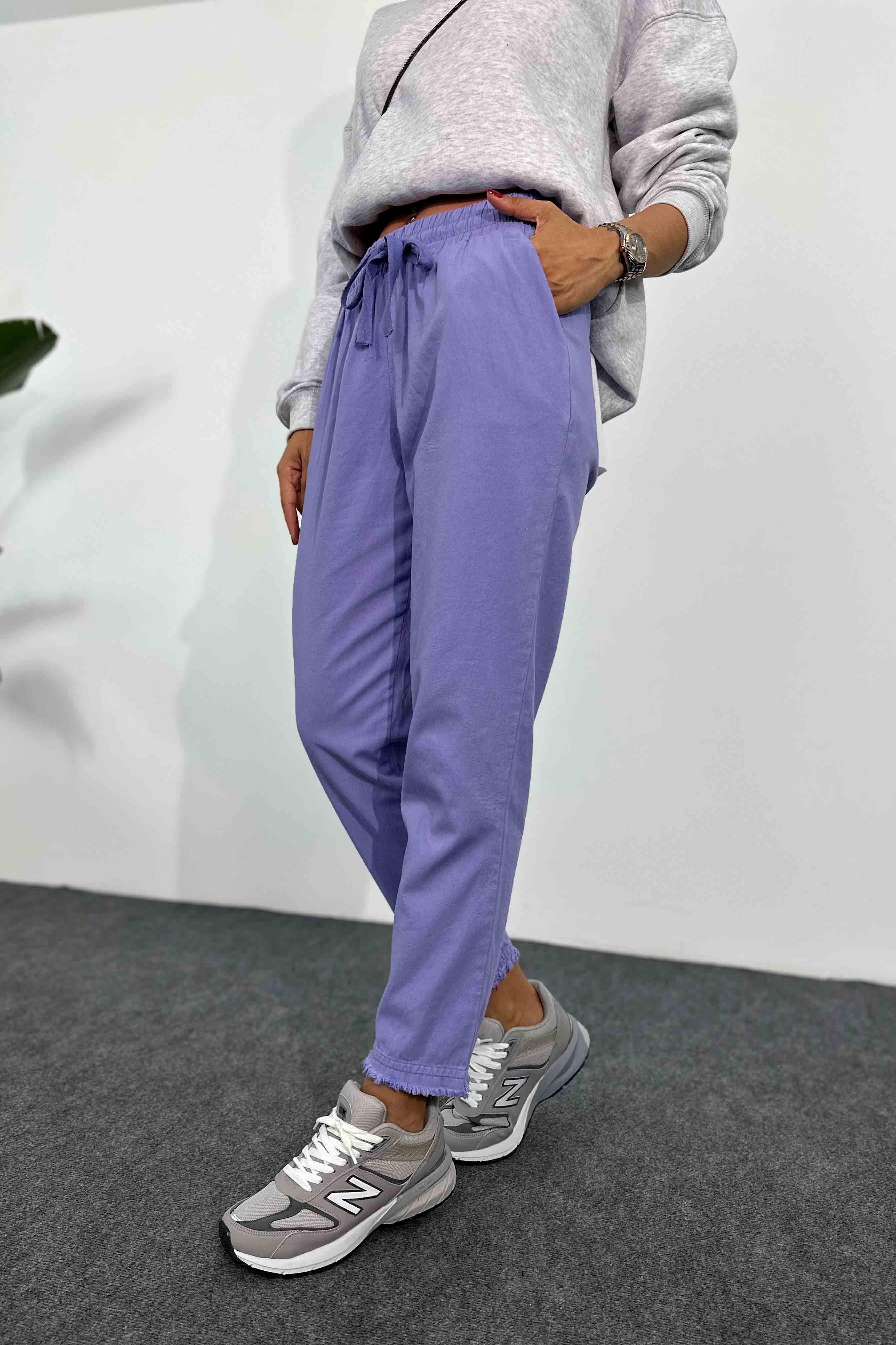 Beli Lastik ve İpli Püskül Detay Gabardin Pantolon Lila