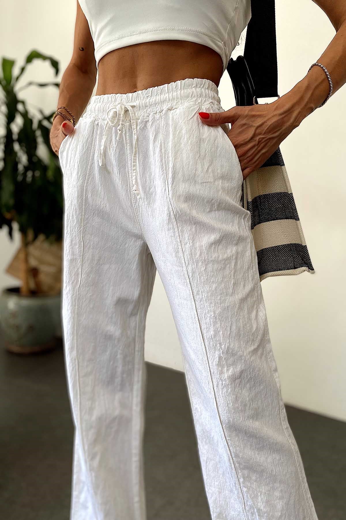 Beli Lastikli Bol Paça Keten Pantolon Beyaz