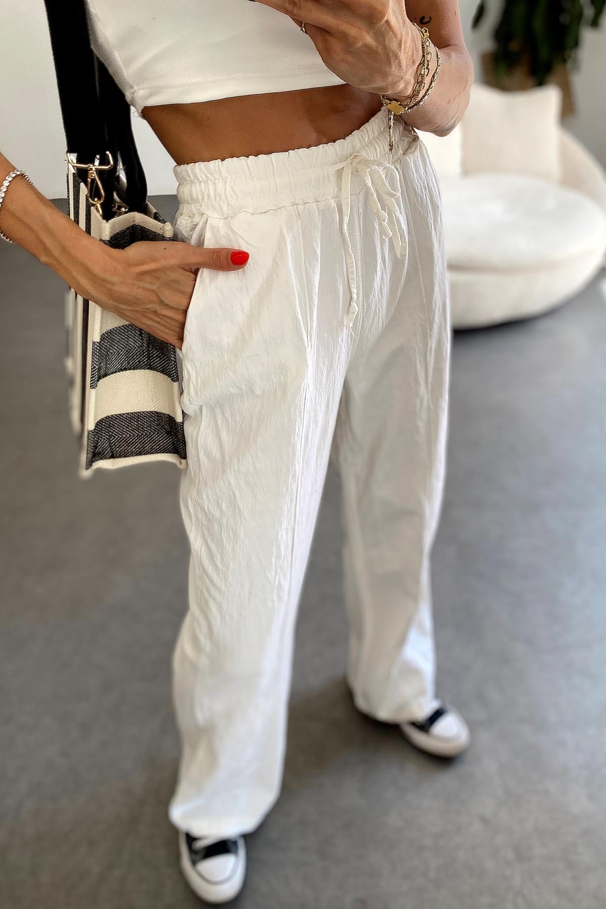 Beli Lastikli Bol Paça Keten Pantolon Beyaz