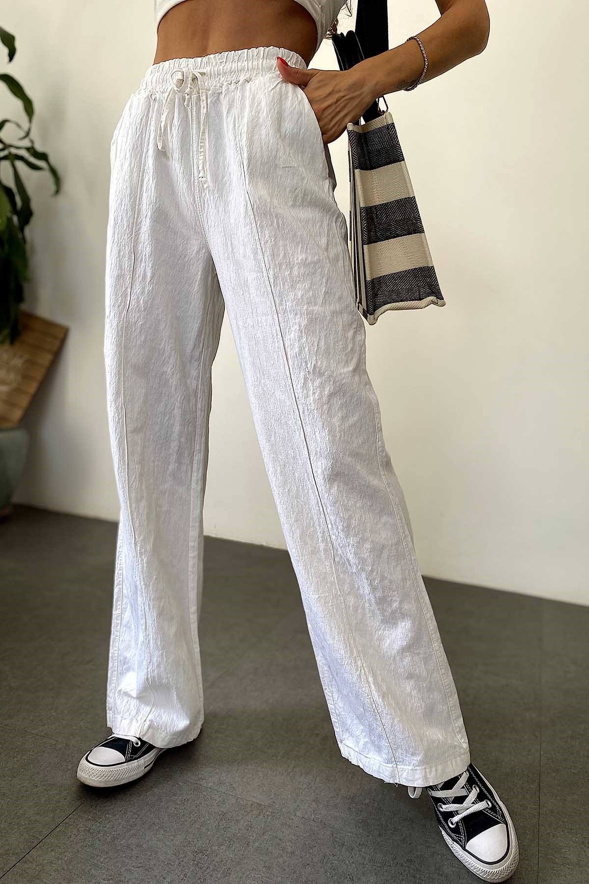 Beli Lastikli Bol Paça Keten Pantolon Beyaz
