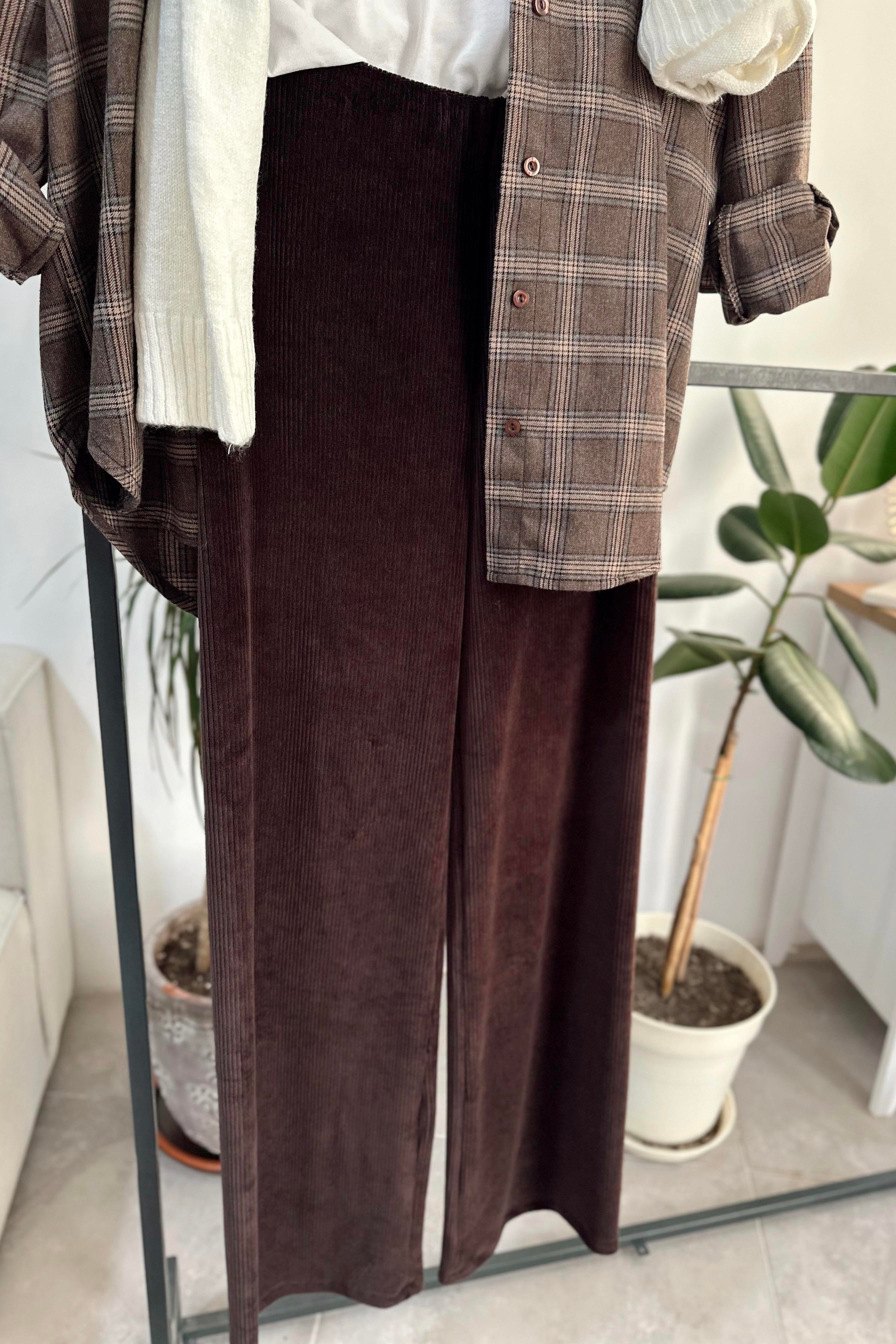 Beli Lastikli Fitilli Kadife Pantolon Acı Kahve