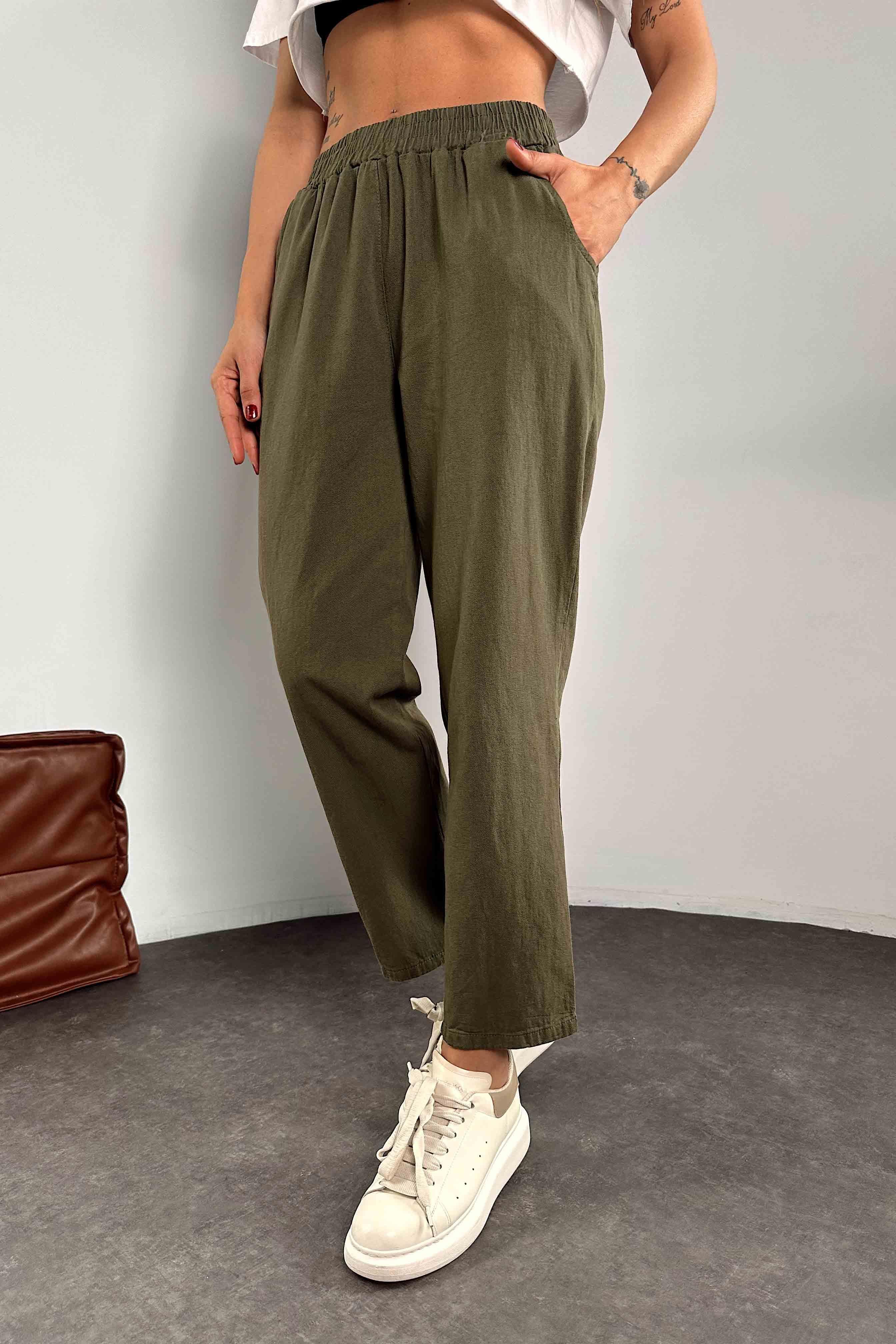 Beli Lastikli Gabardin Kadın Pantolon Haki