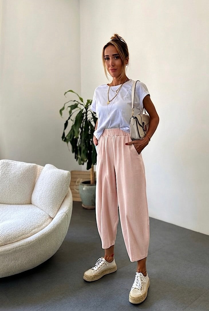 Beli Lastikli Gabardin Kumaş Şalvar Pantolon Toz Pembe