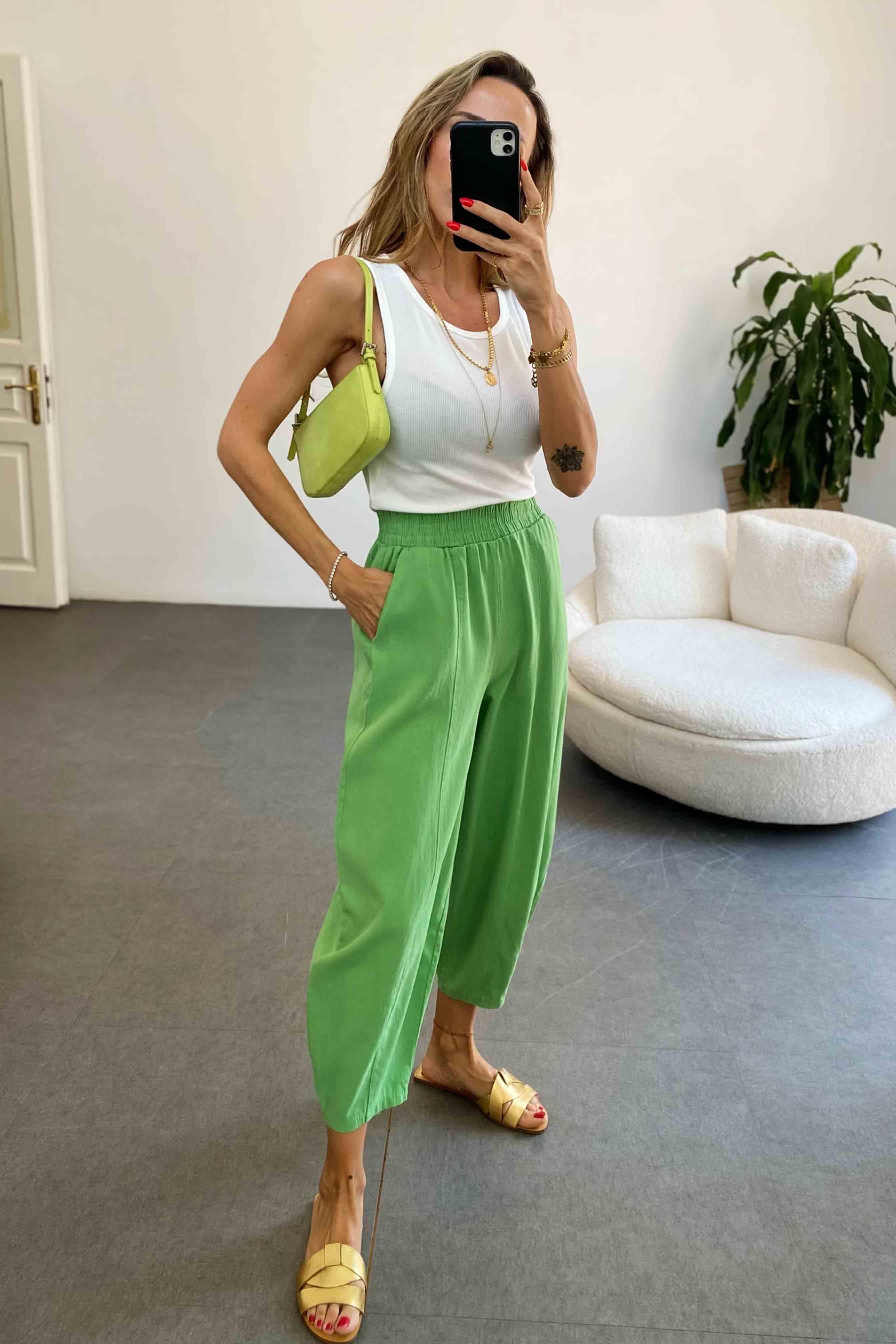 Beli Lastikli Gabardin Kumaş Şalvar Pantolon Açık Yeşil