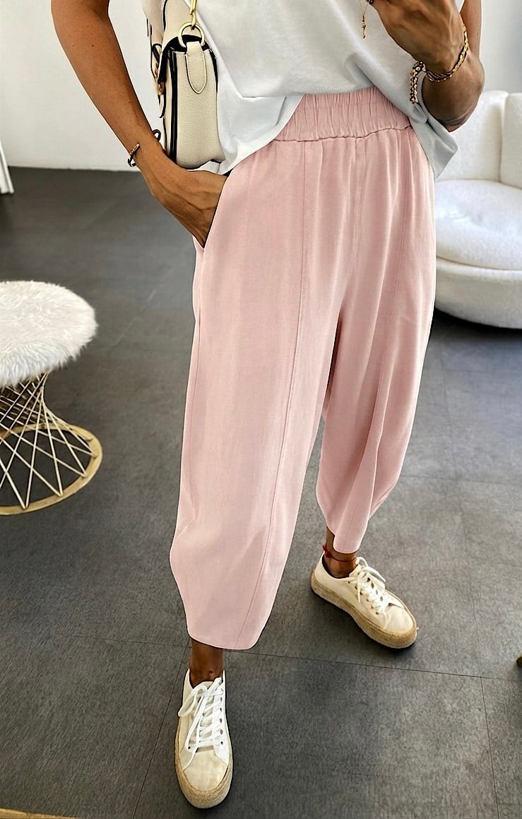 Beli Lastikli Gabardin Kumaş Şalvar Pantolon Toz Pembe