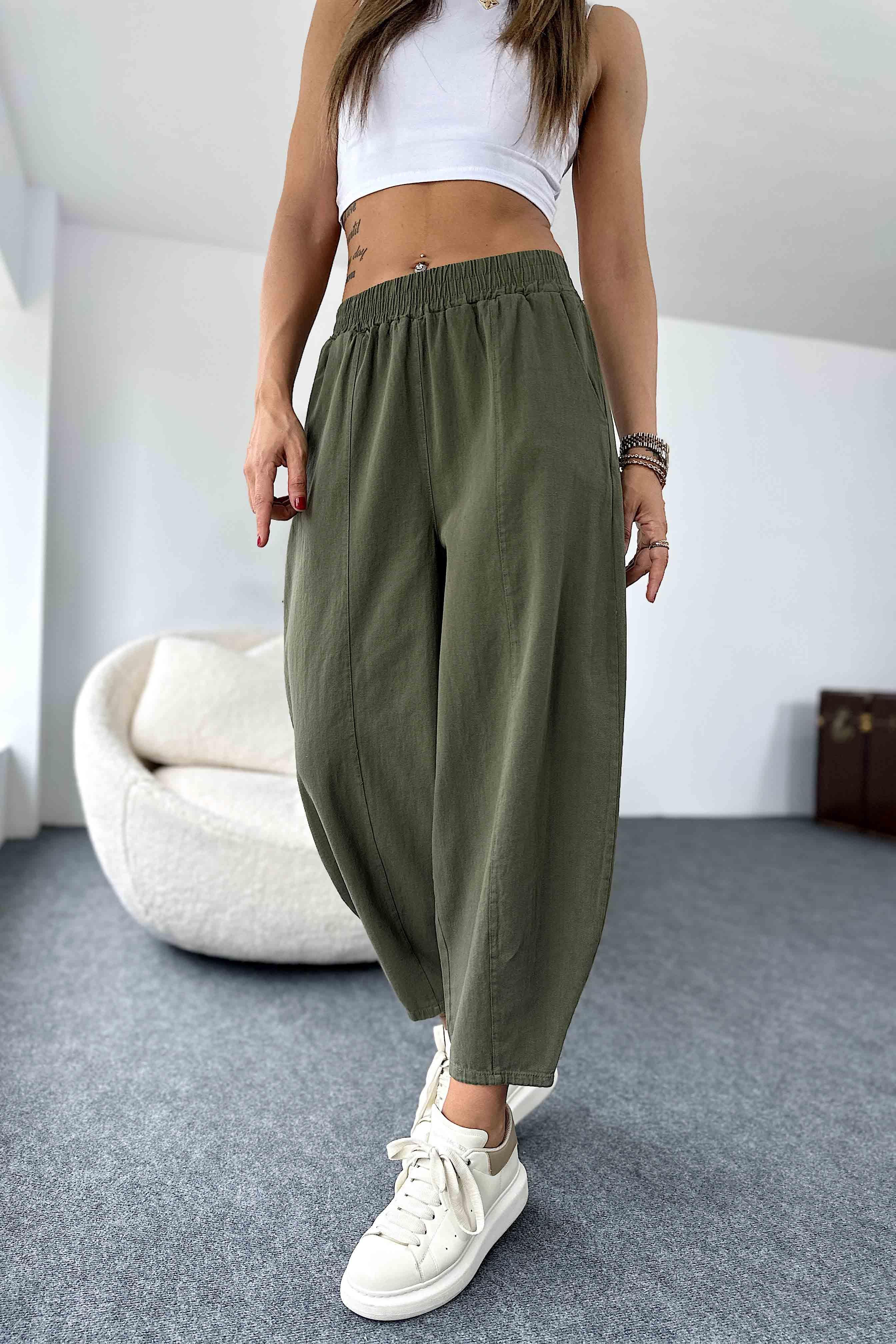 Beli Lastikli Gabardin Kumaş Şalvar Pantolon Haki