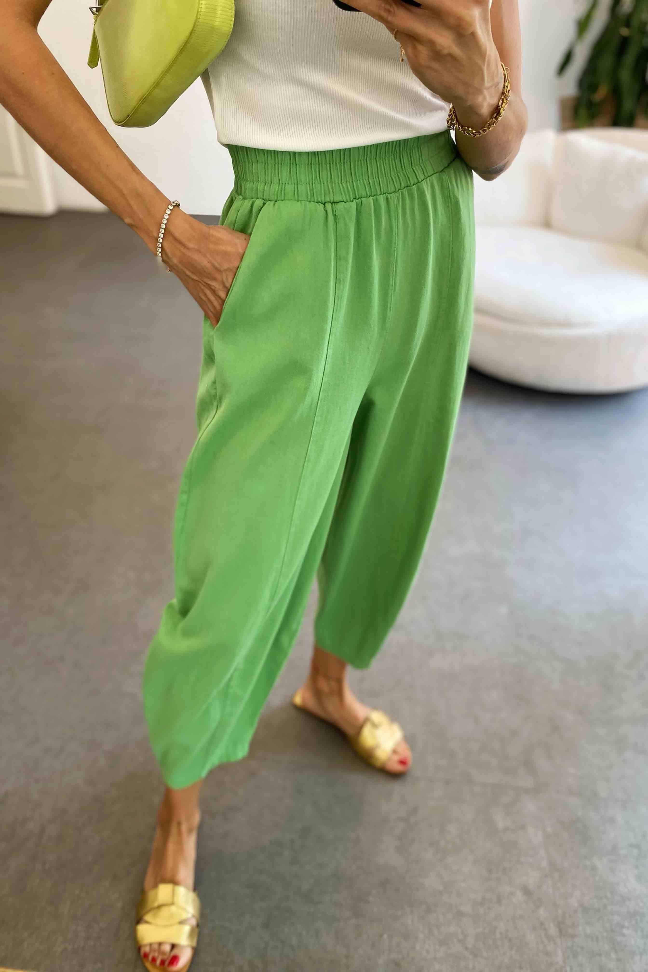 Beli Lastikli Gabardin Kumaş Şalvar Pantolon Açık Yeşil