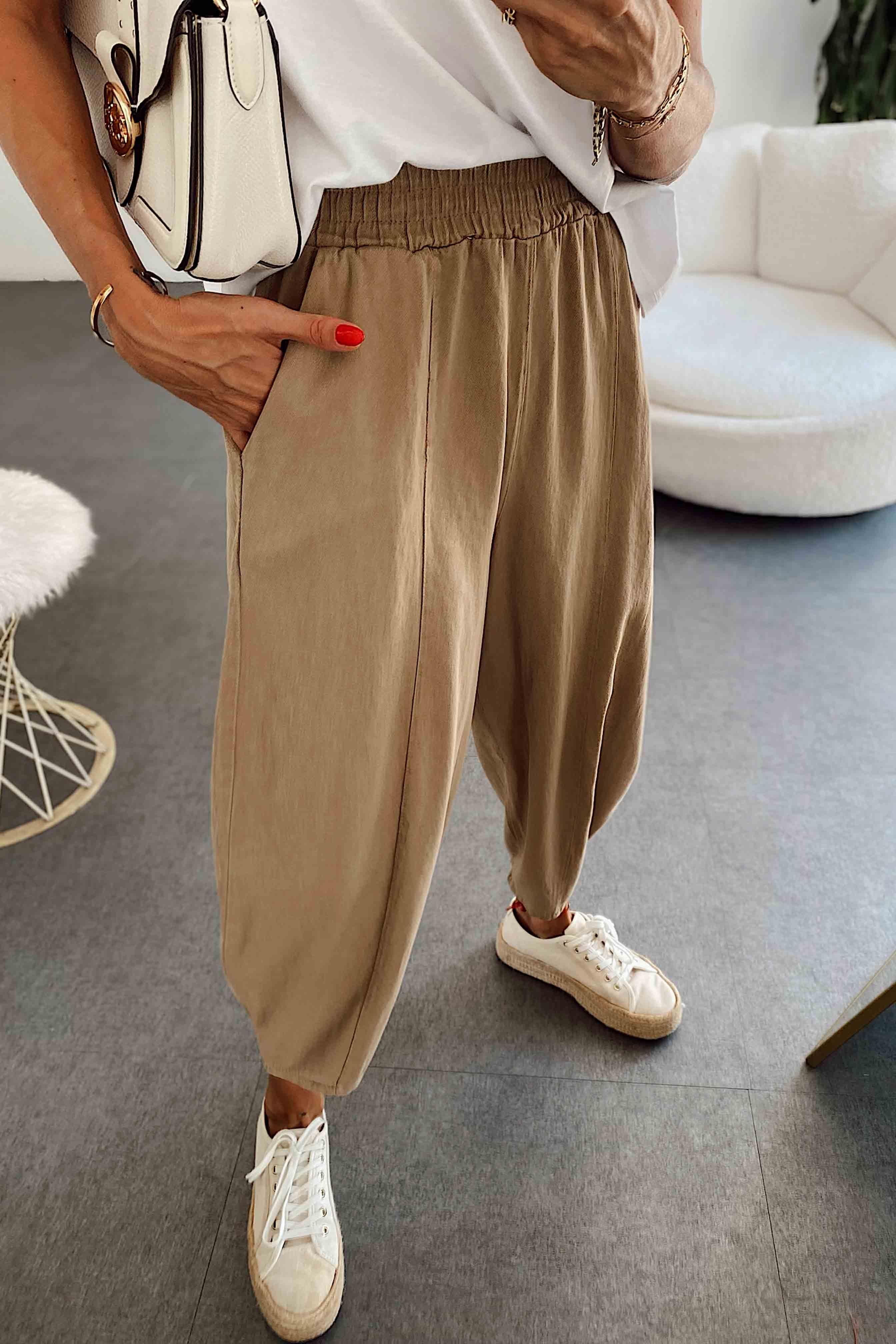 Beli Lastikli Gabardin Kumaş Şalvar Pantolon Sütlü Kahve