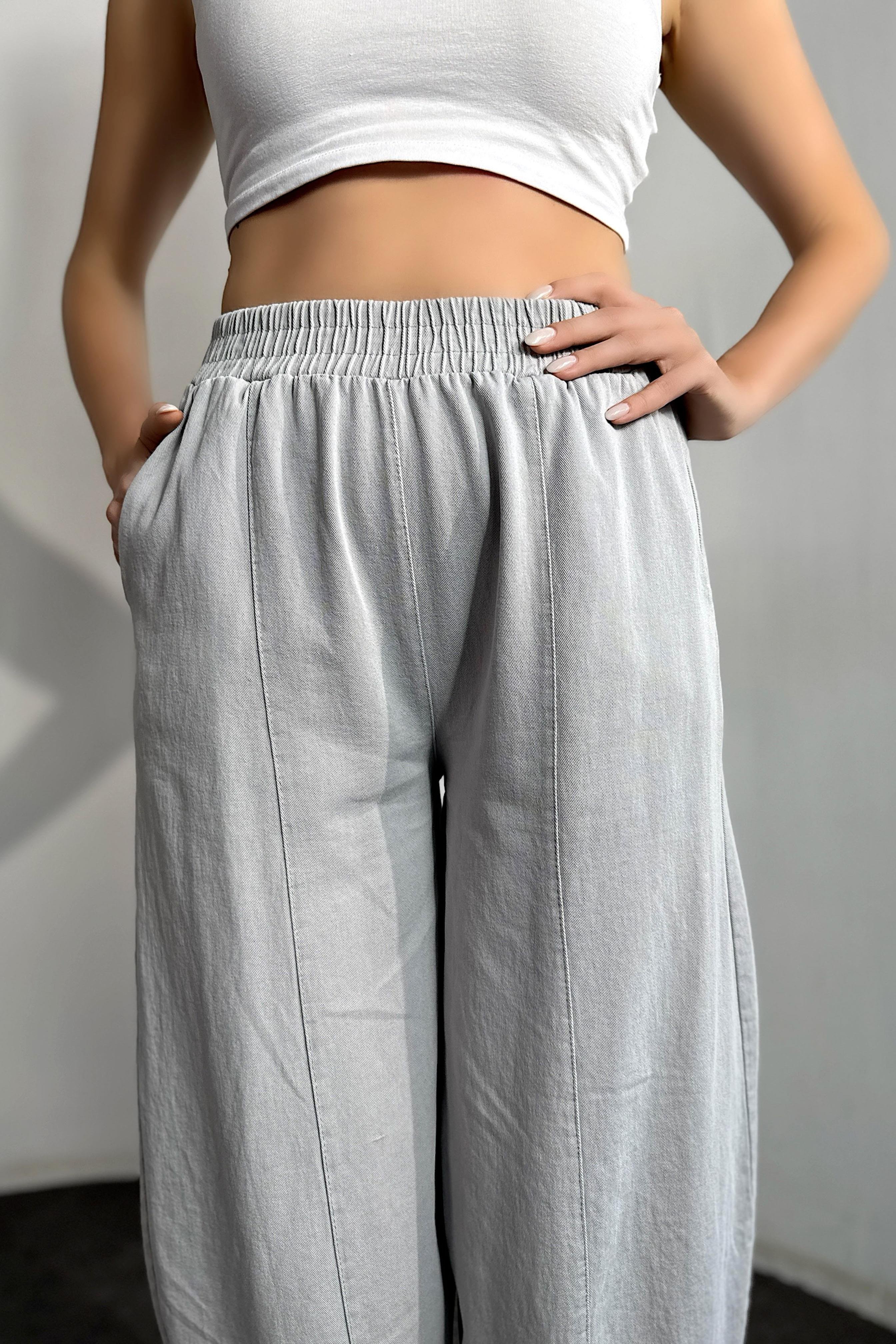 Beli Lastikli Gabardin Kumaş Şalvar Pantolon Gri