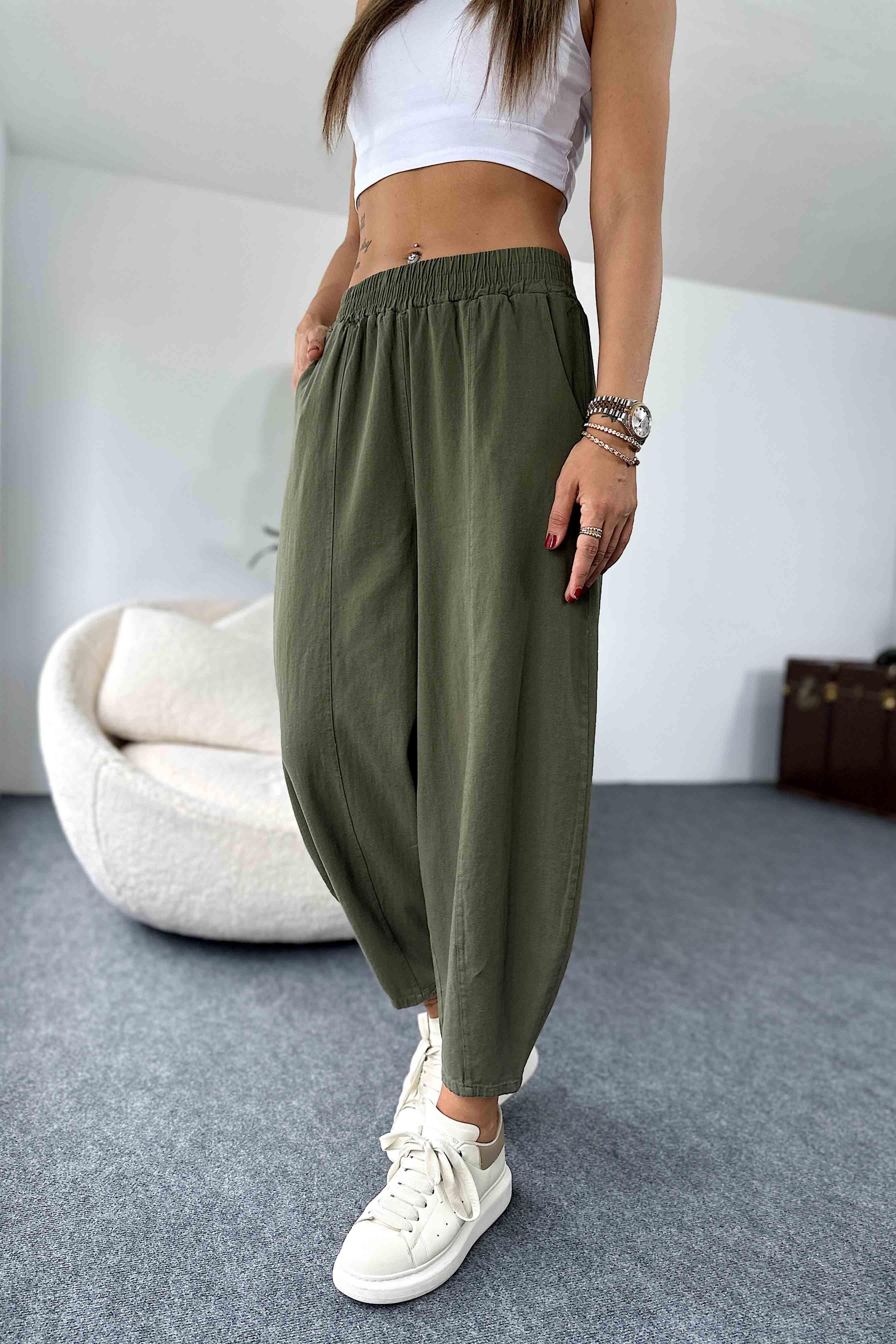 Beli Lastikli Gabardin Kumaş Şalvar Pantolon Haki