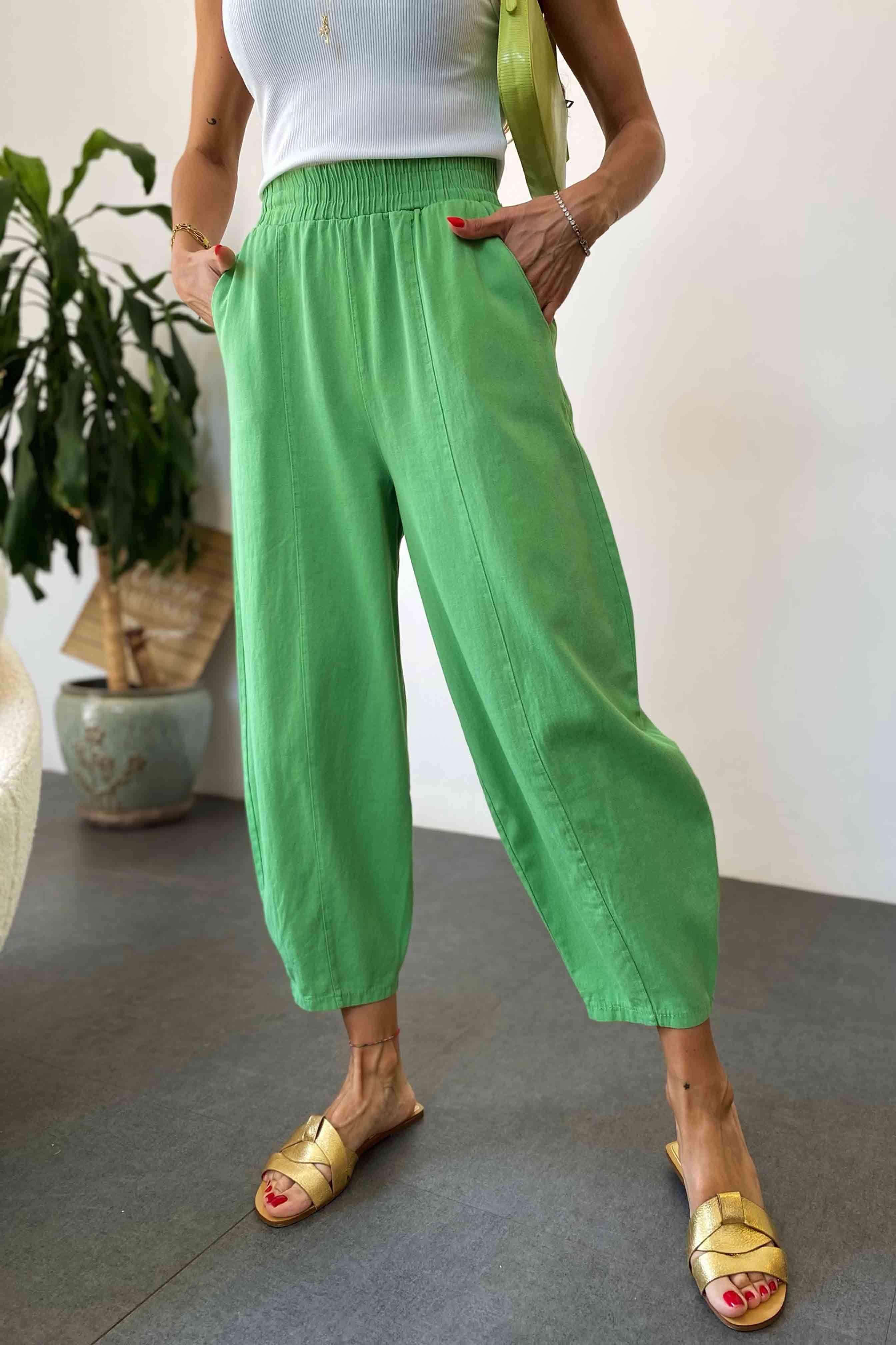 Beli Lastikli Gabardin Kumaş Şalvar Pantolon Açık Yeşil