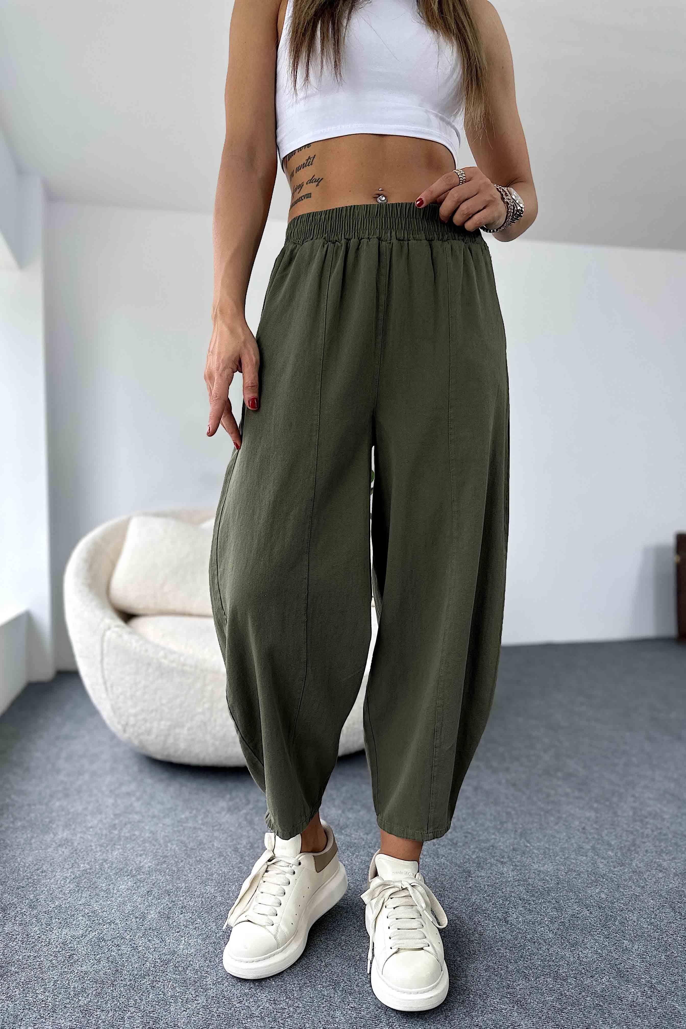Beli Lastikli Gabardin Kumaş Şalvar Pantolon Haki