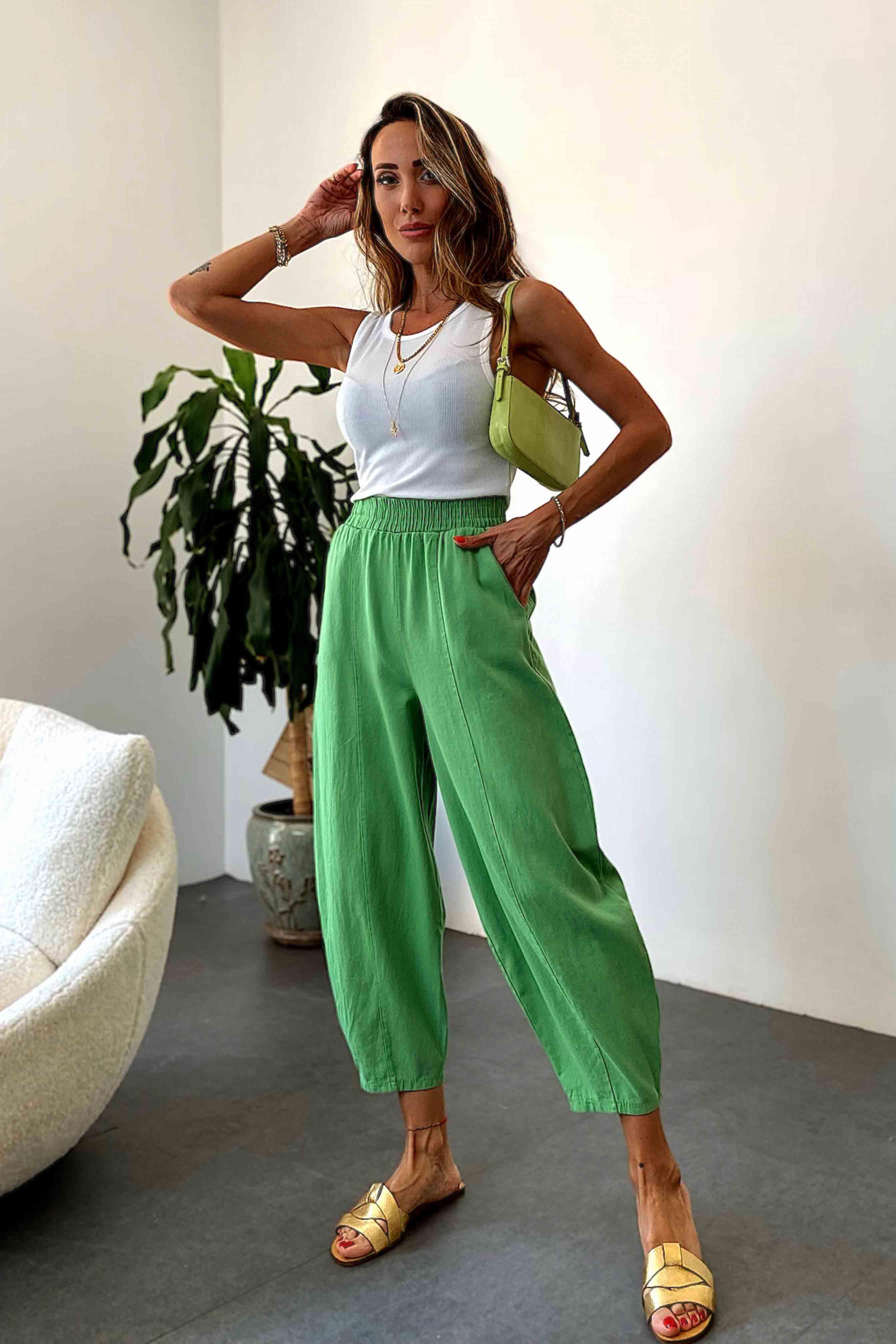 Beli Lastikli Gabardin Kumaş Şalvar Pantolon Açık Yeşil