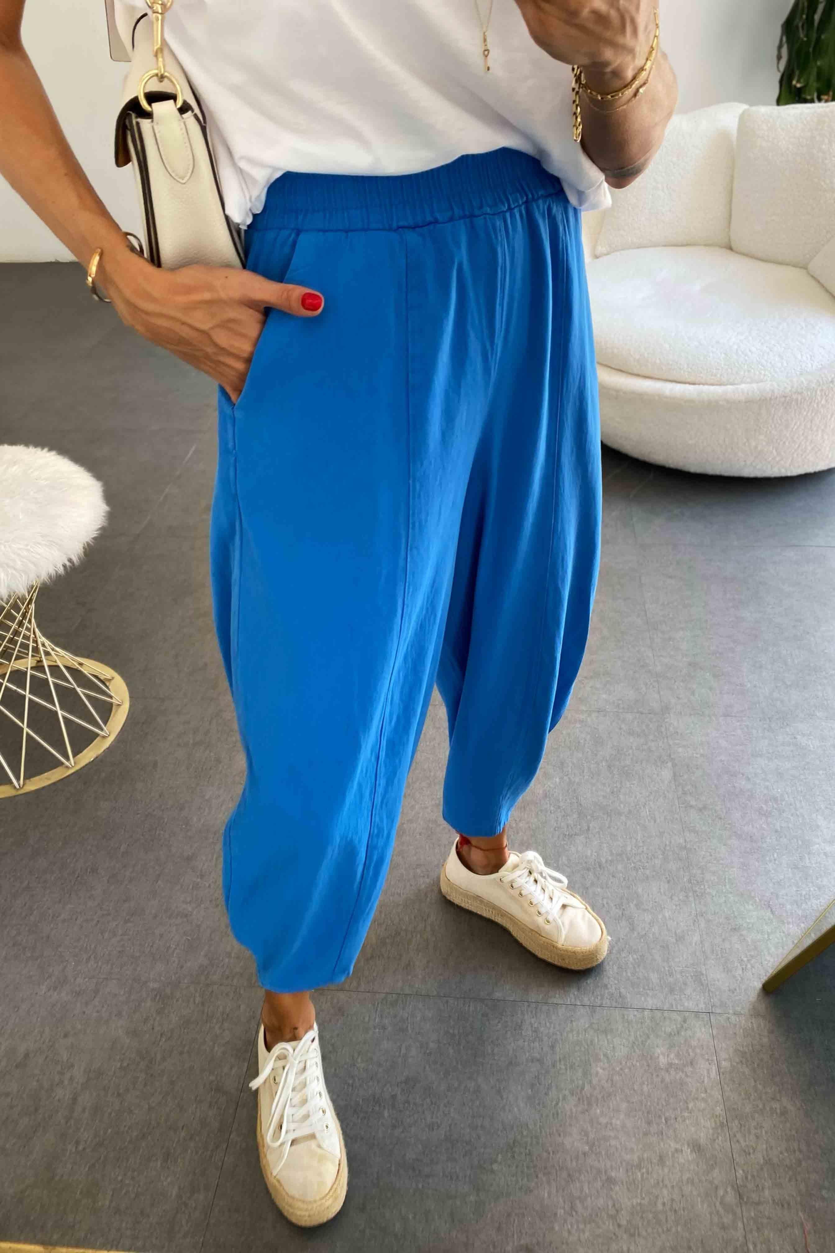 Beli Lastikli Gabardin Kumaş Şalvar Pantolon Mavi