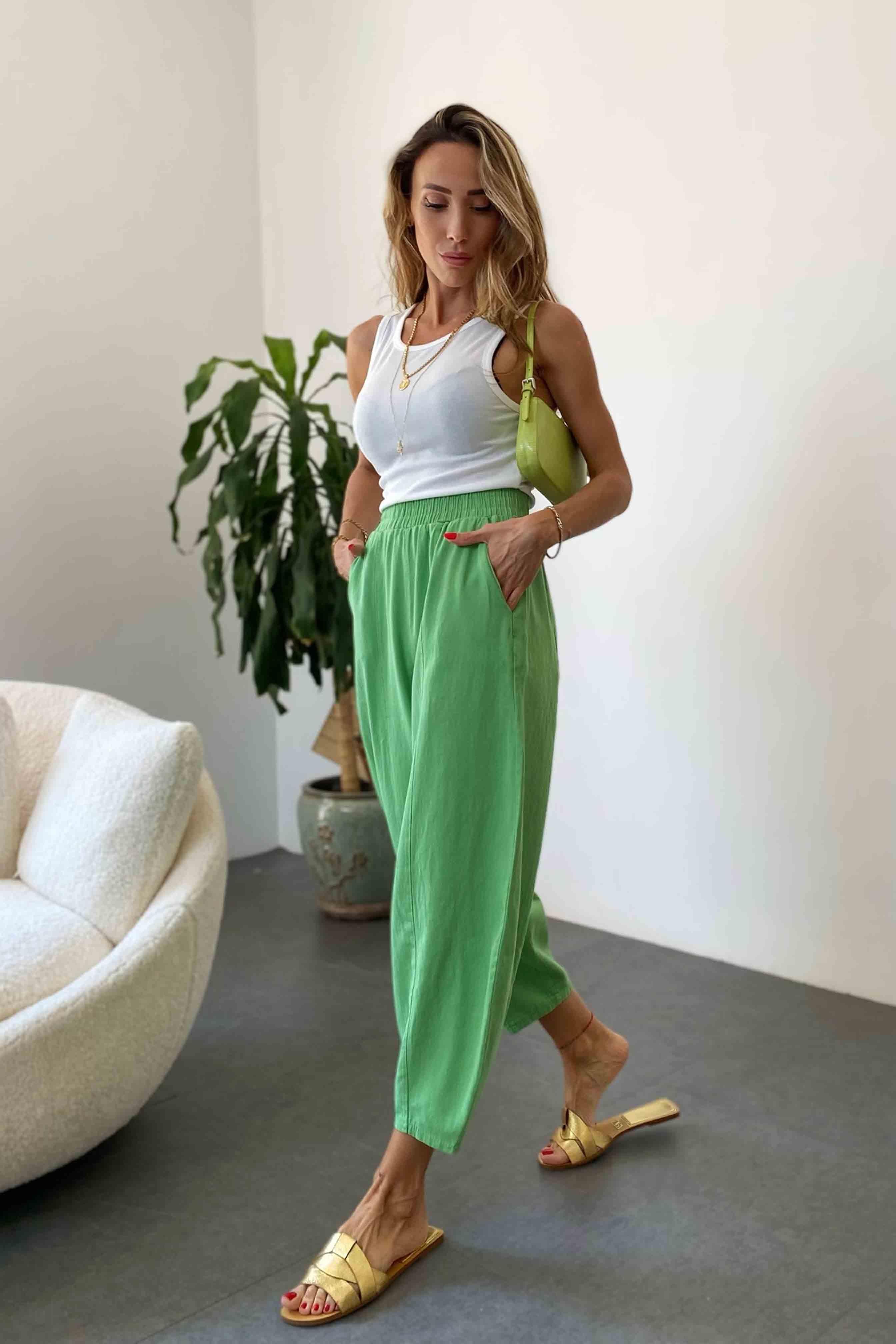 Beli Lastikli Gabardin Kumaş Şalvar Pantolon Açık Yeşil