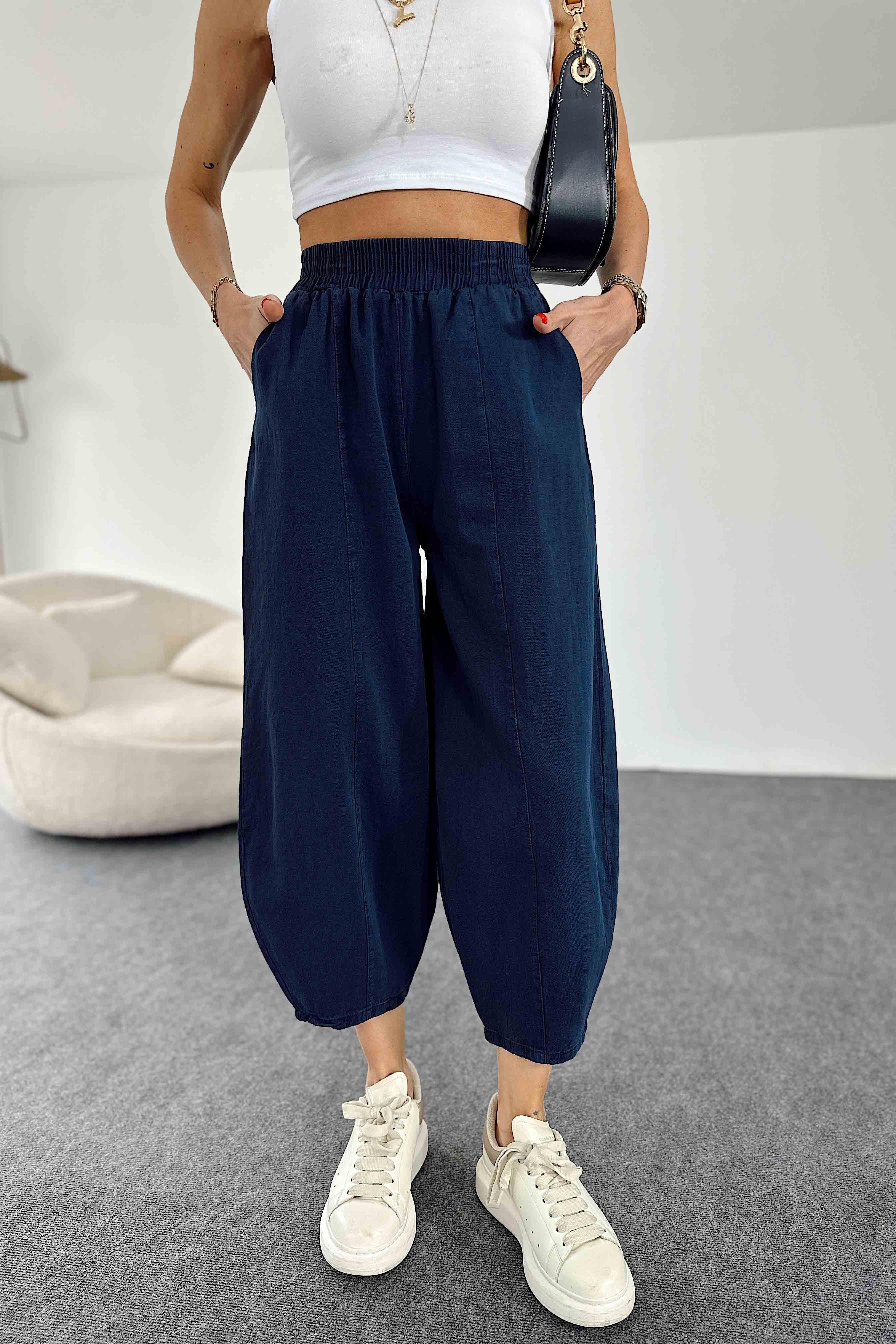 Beli Lastikli Gabardin Kumaş Şalvar Pantolon Lacivert