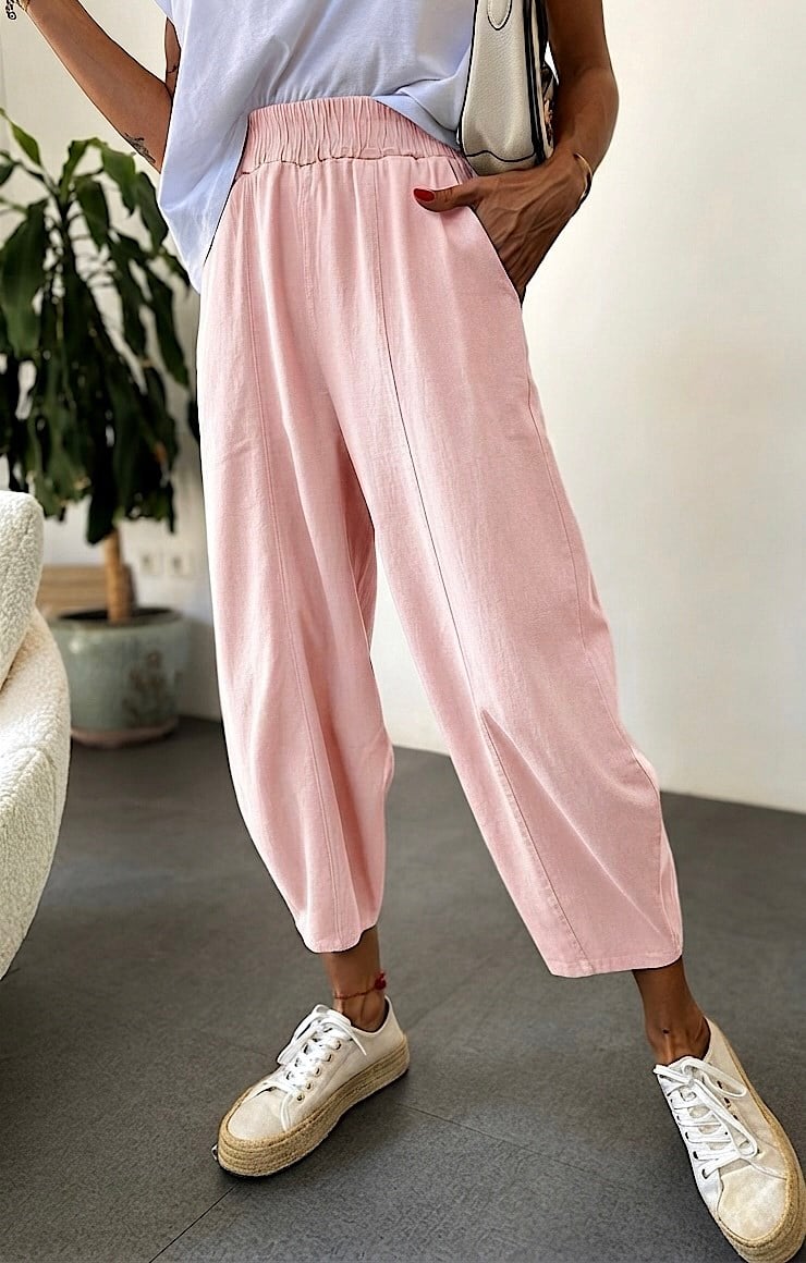 Beli Lastikli Gabardin Kumaş Şalvar Pantolon Toz Pembe