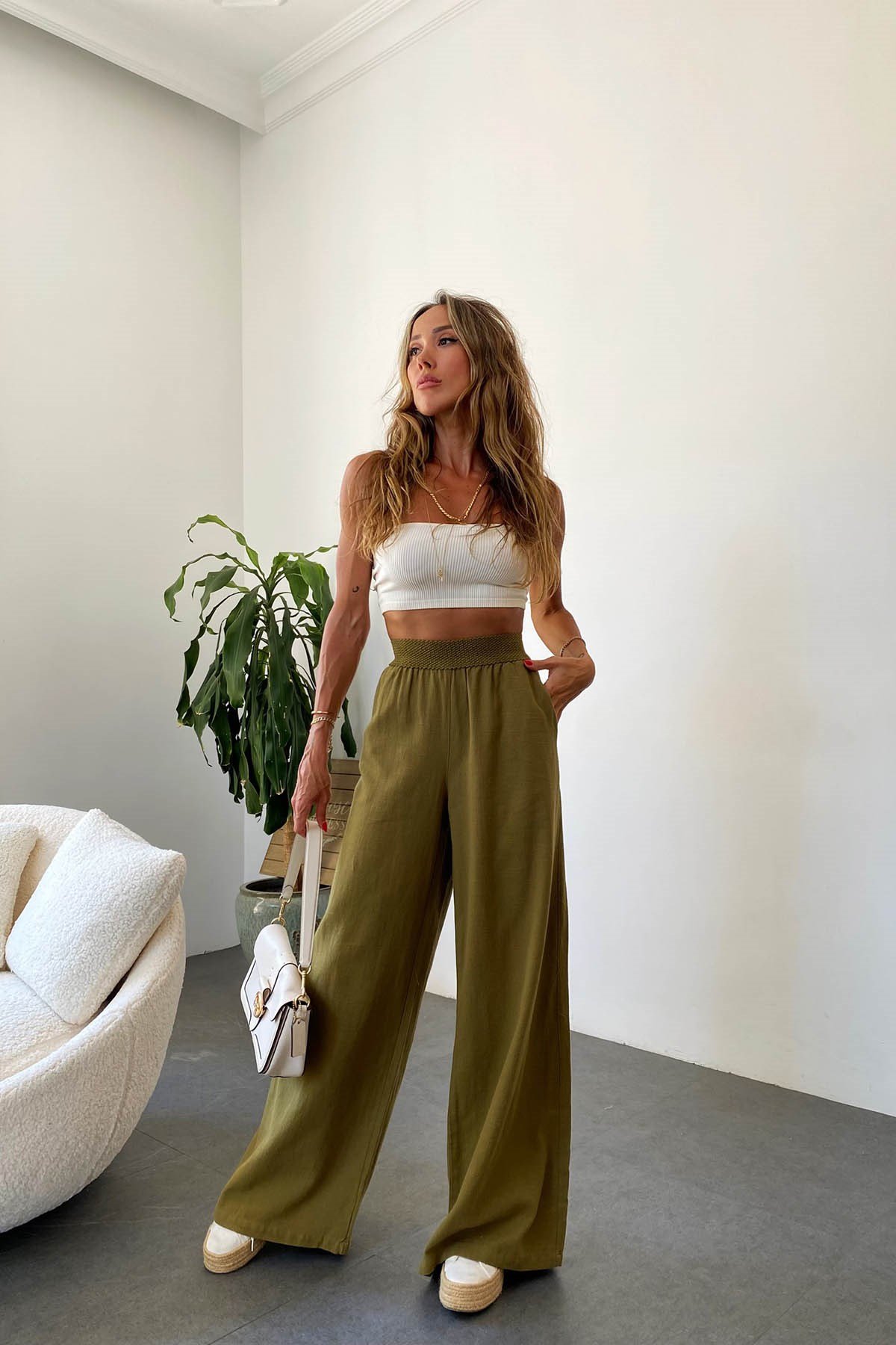 Beli Lastikli Keten Pantolon Haki