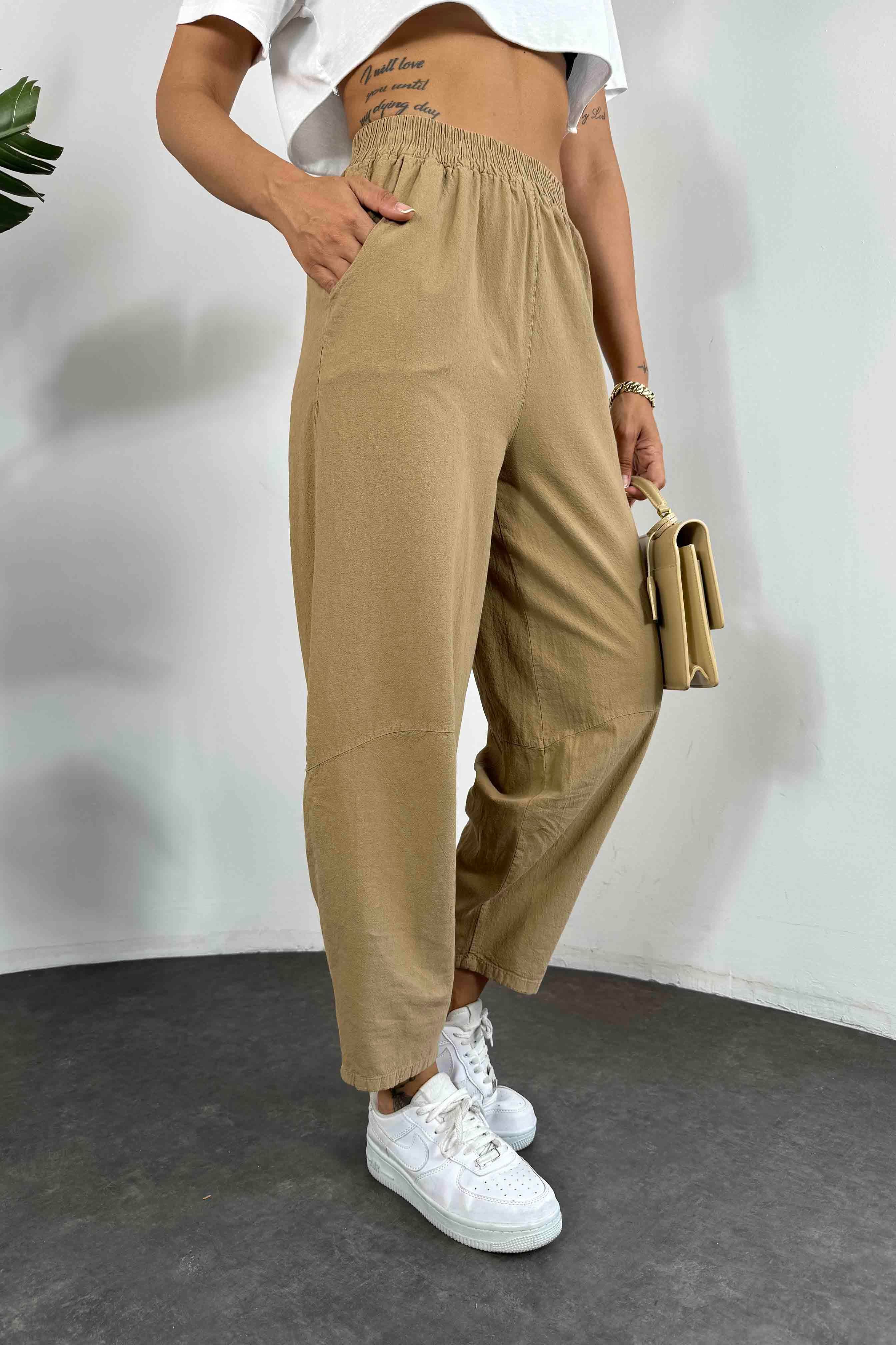 Beli Lastikli Organik Pamuk Kumaş Şalvar Pantolon Camel