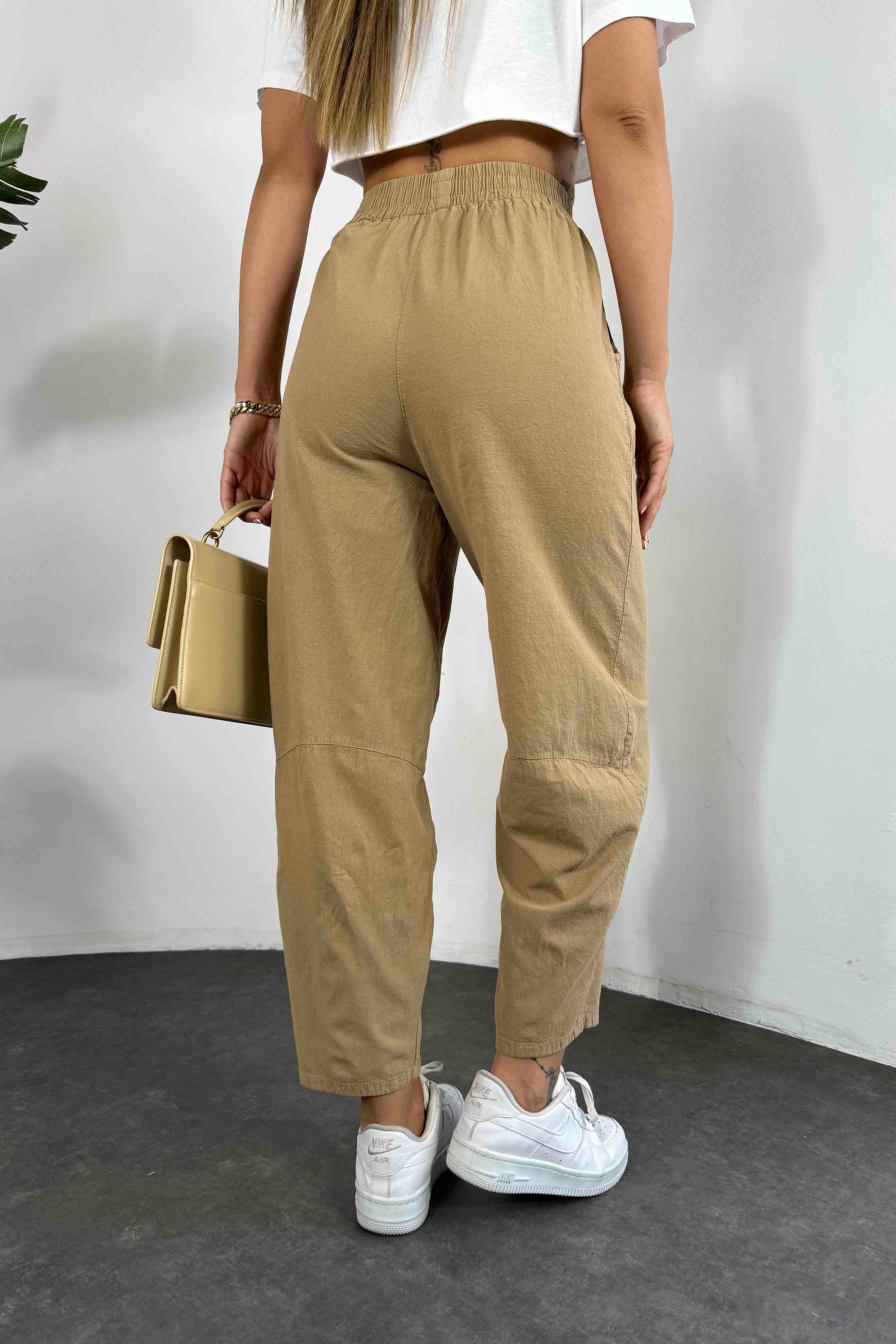 Beli Lastikli Organik Pamuk Kumaş Şalvar Pantolon Camel