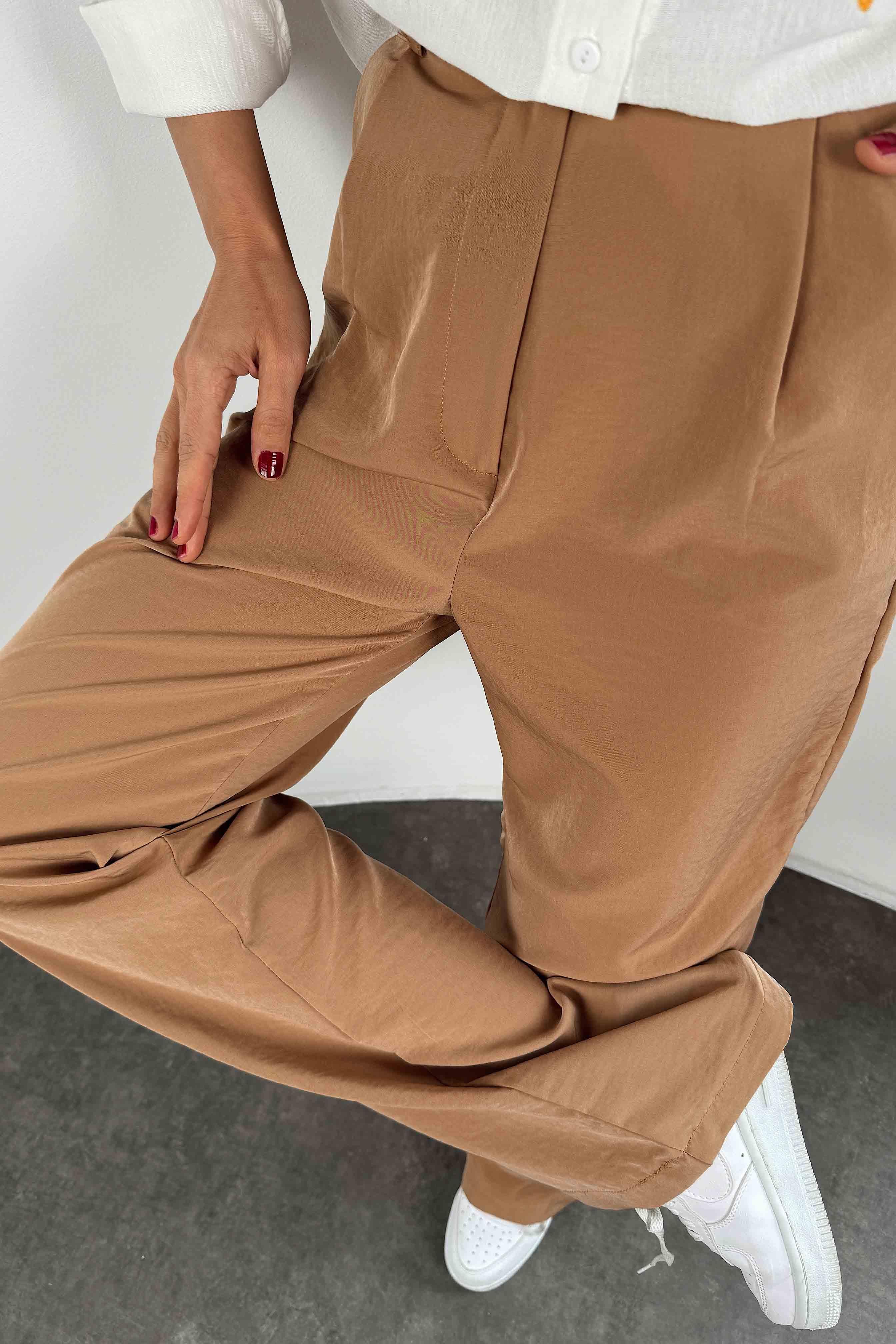 Beli Lastikli Palazzo Kadın Pantolon Camel