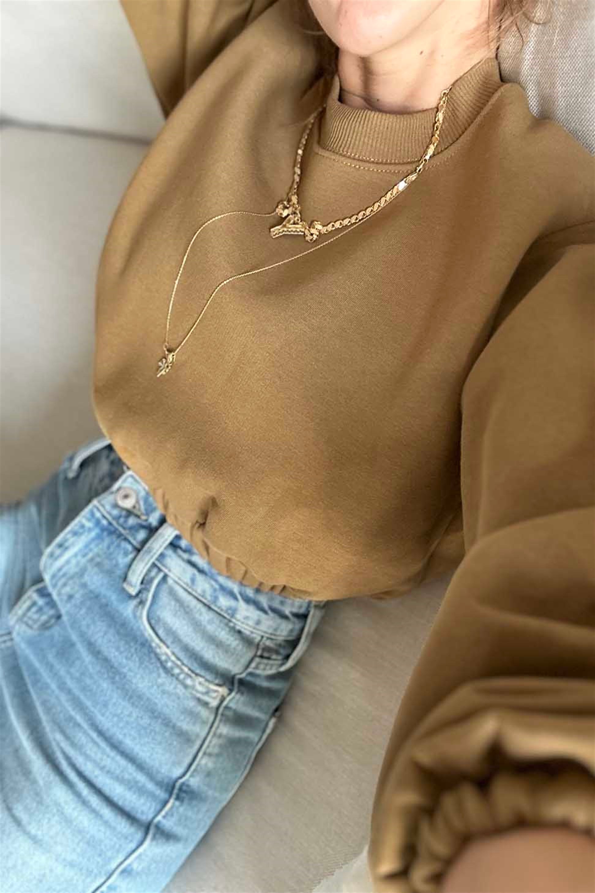 Beli Lastikli Pamuklu Crop Swethirt Olive