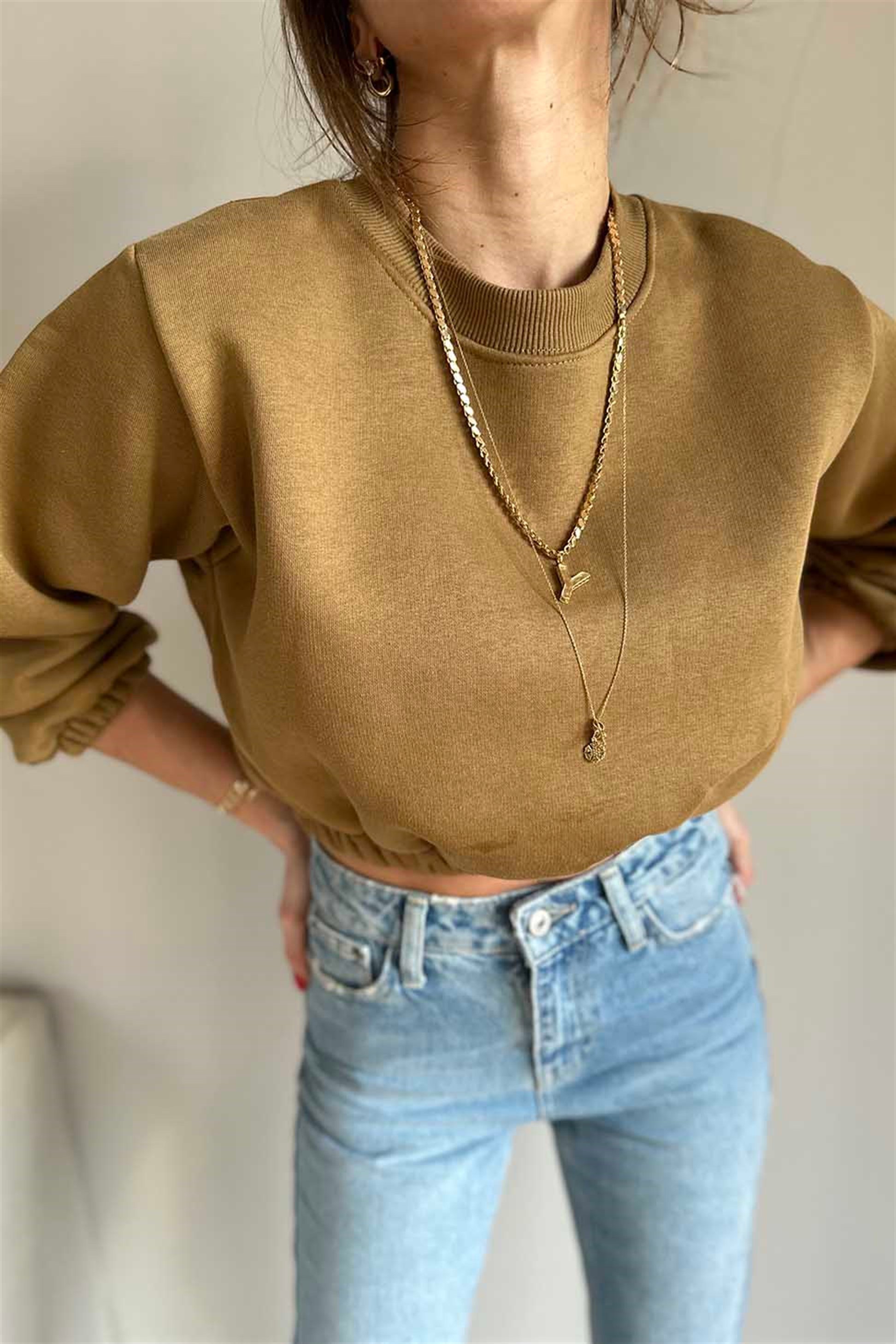 Beli Lastikli Pamuklu Crop Swethirt Olive