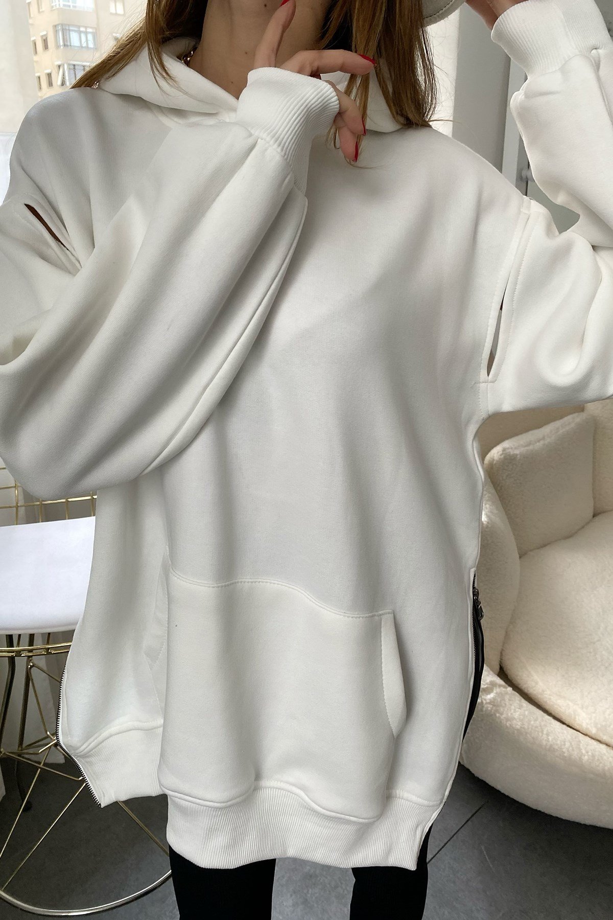 Beyaz Kol Tasarım Yanlar Fermuar Detay Oversize Sweat